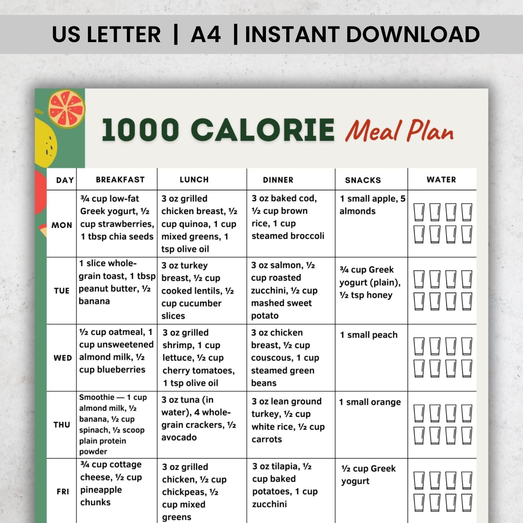 1000 Calorie Meal Plan Printable 7 day 1000 Calories Menu PDF Meal Prep Planner Portion Control Chart A4 US Letter Download Etsy