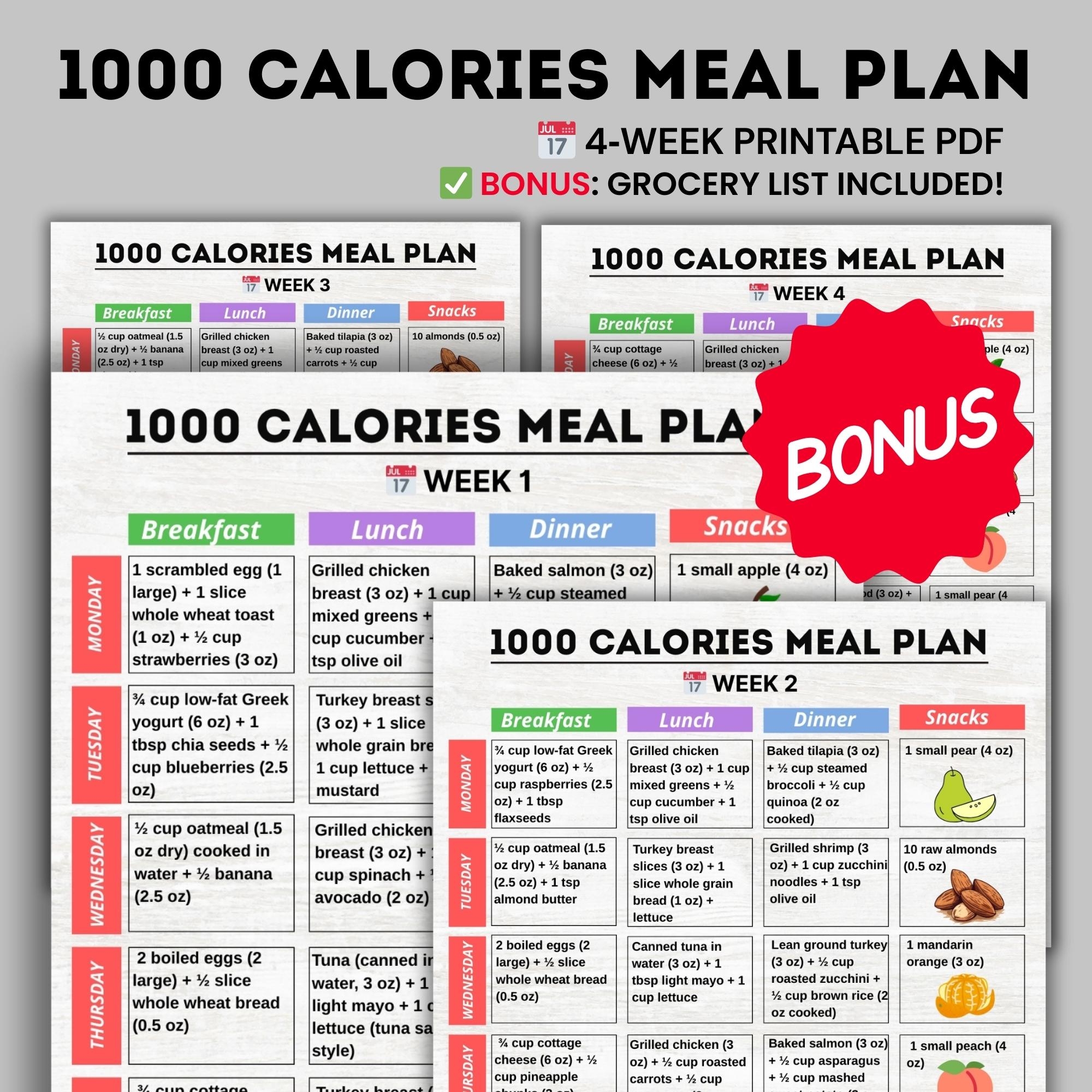 1000 Calories Diet Plan PDF 28 Day 1000 Calories Per Day Menu Low Cal Weekly Food Planner Printable 1000 Cal Diet Grocery List Etsy