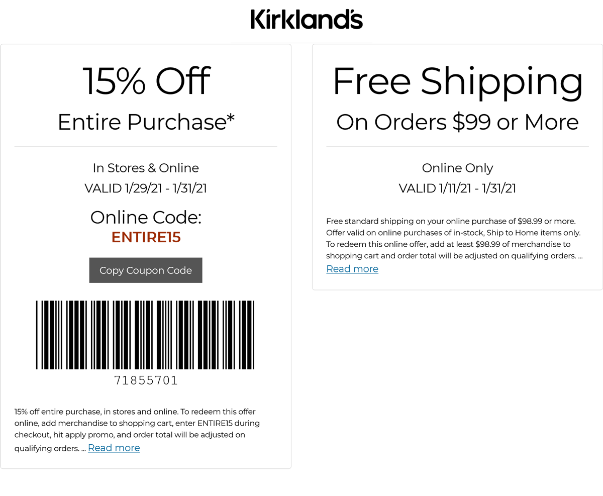 15 Off At Kirklands Homegoods Or Online Via Promo Code ENTIRE15 Kirklands January 2026 Coupons Promo Codes Deals 