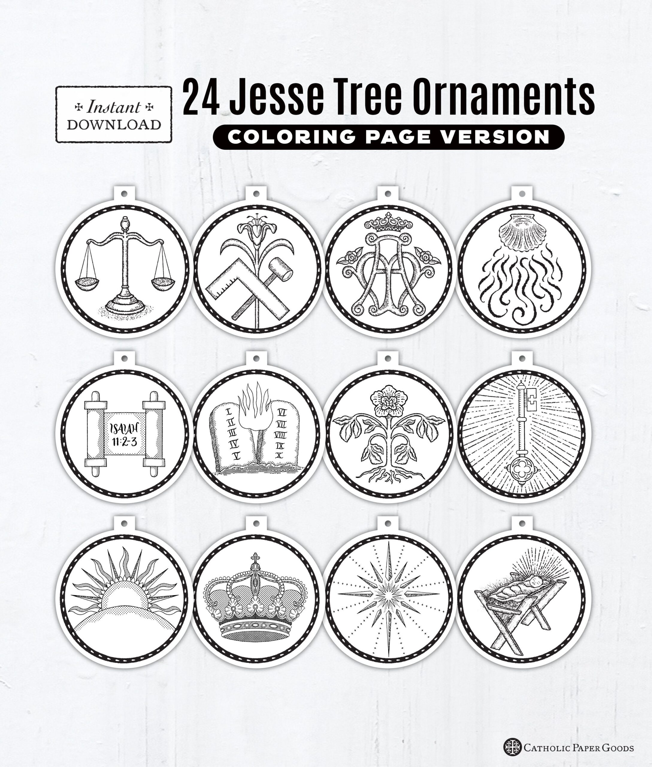 24 Jesse Tree Printable Ornaments PDF Coloring Page Ornaments Catholic Printable Ornaments Instant Download Advent Decor Jesse Tree