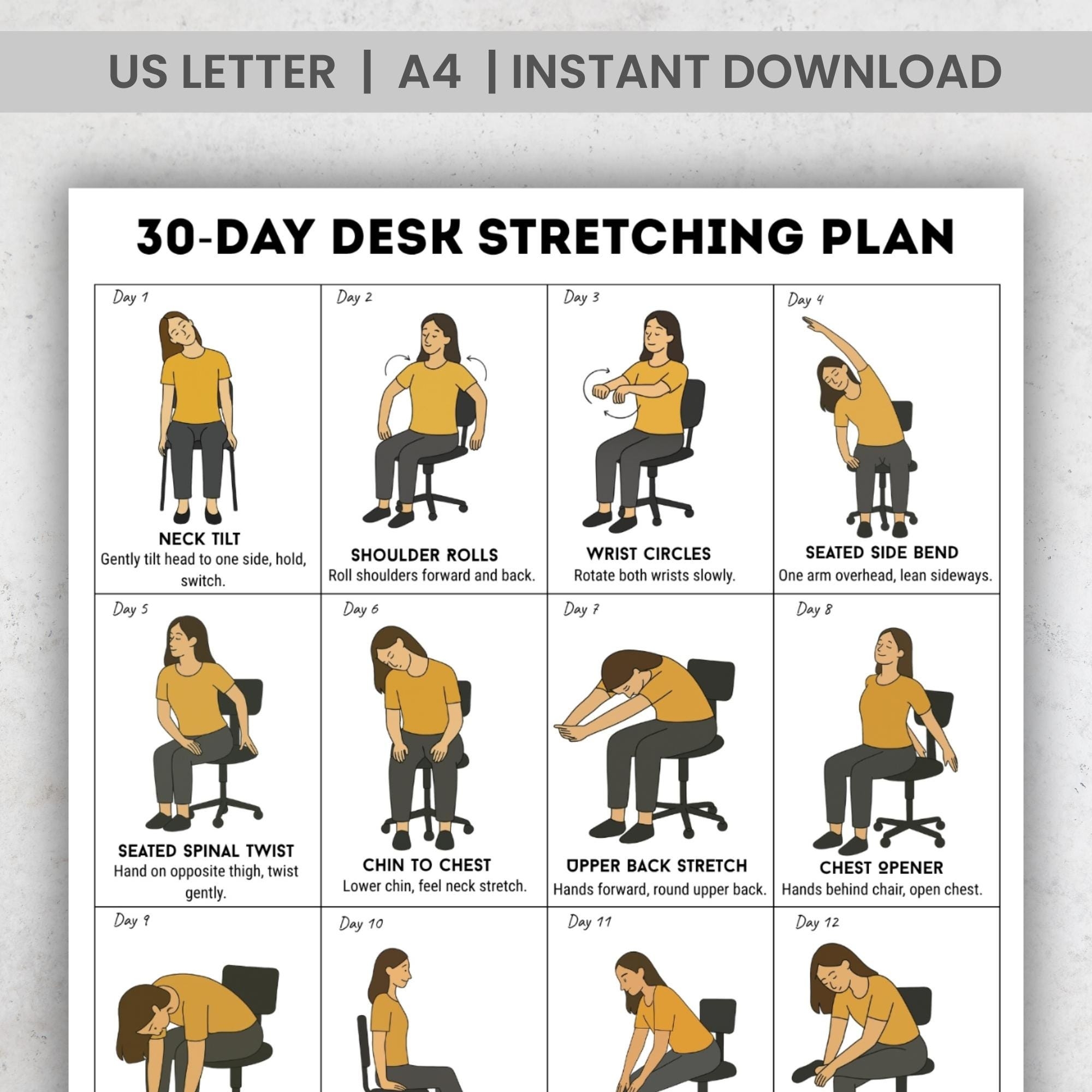 30 Day Desk Stretching Plan Office Chair Exercises Gentle Seated Workout For Home Or Office Printable PDF Digital Download Etsy Israel