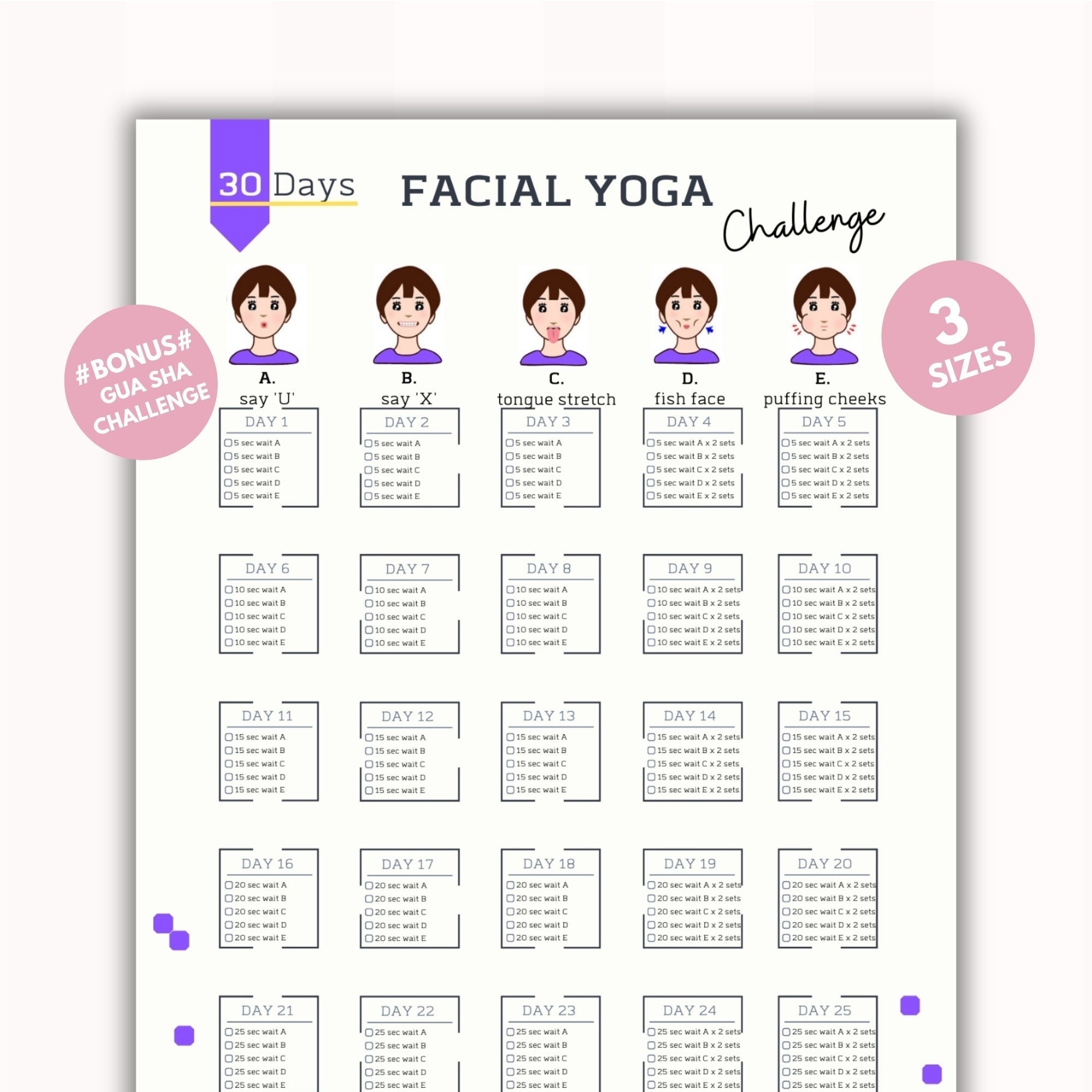 30 Day Facial Yoga Challenge Anti Aging Exercise Facial Exercises Guide Gua Sha Challenge Digital Product Printable Etsy