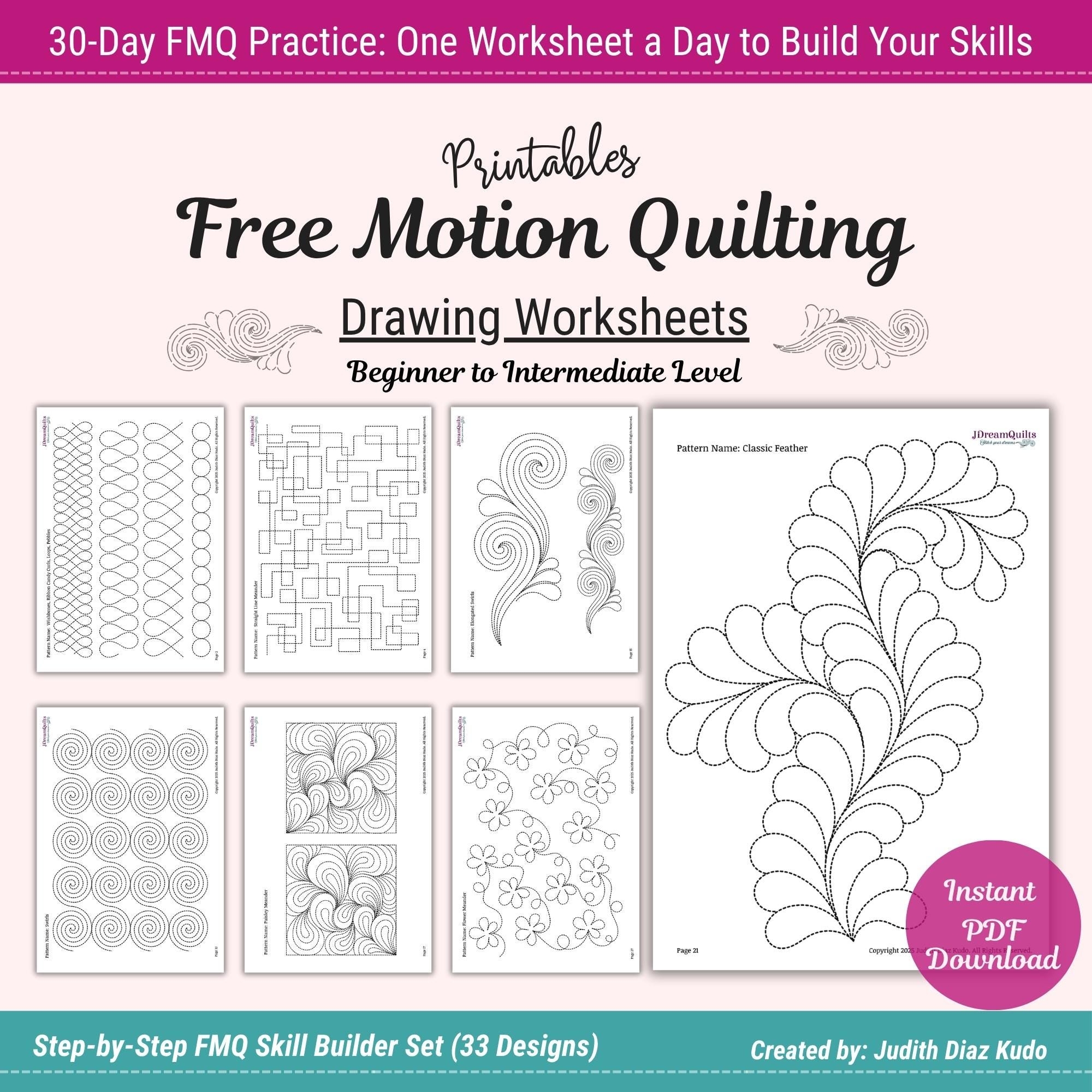 30 day FMQ Drawing Worksheets Quilting Pattern Guide PDF Download Etsy