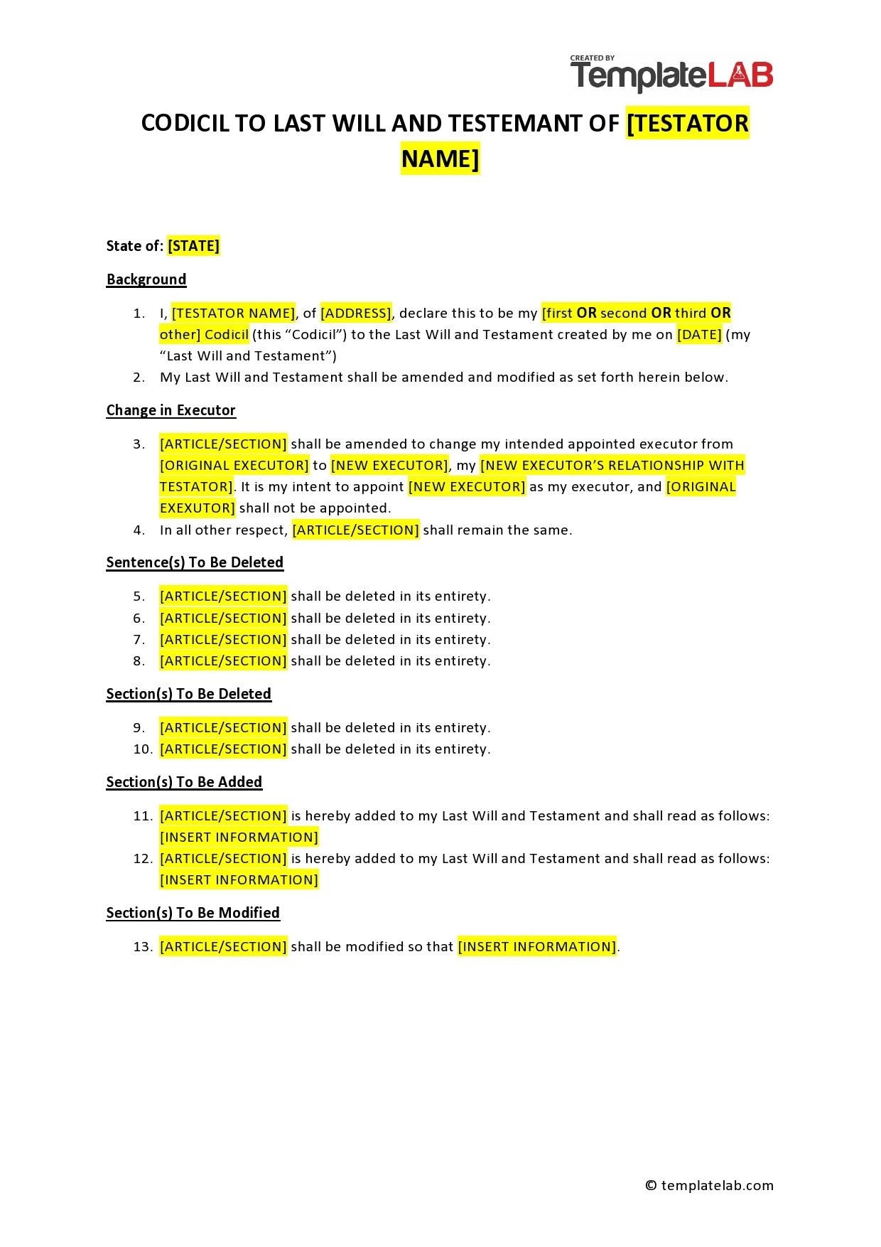 46 Free Codicil To Will Forms Templates TemplateLab