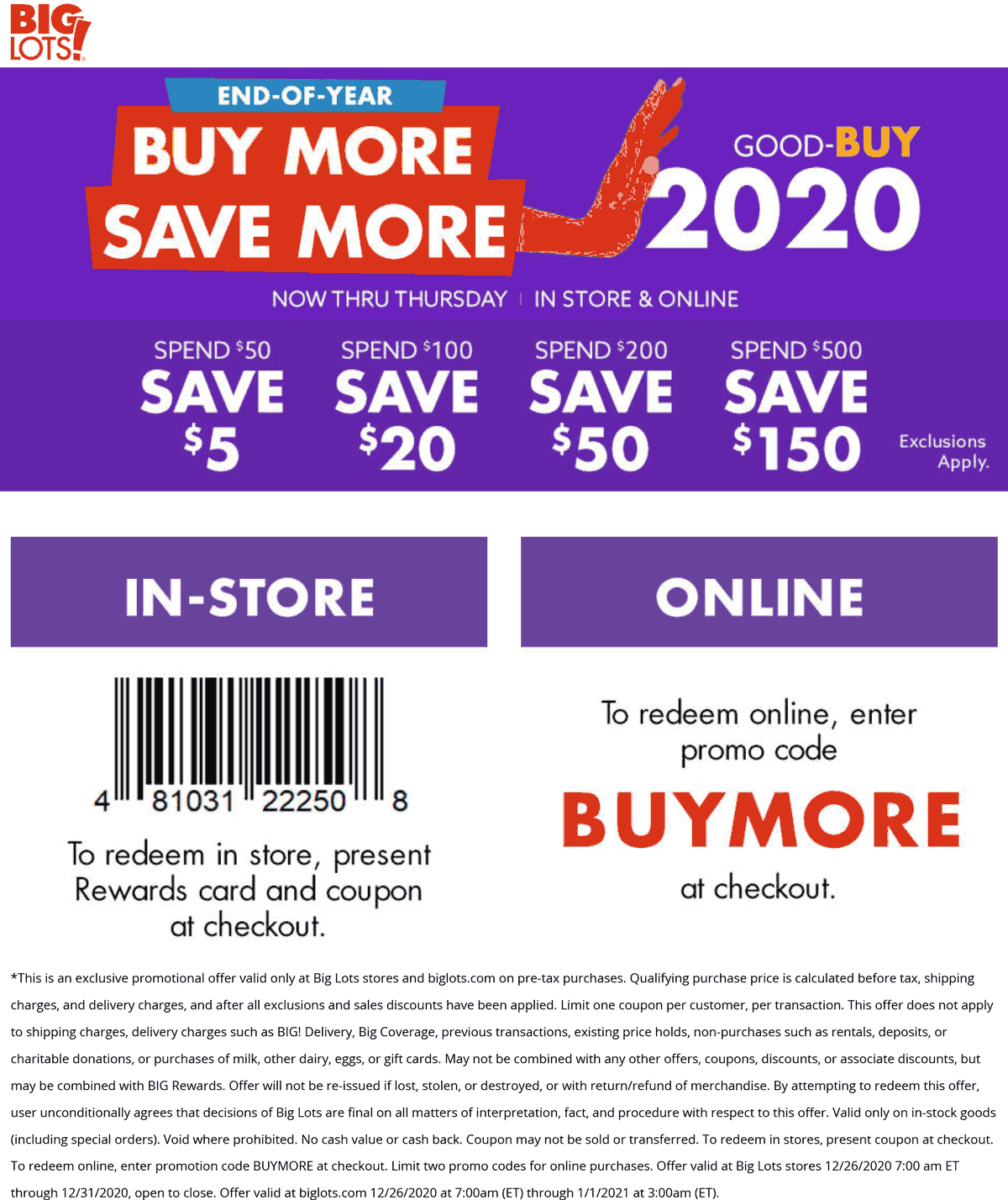  5 150 Off 50 At Big Lots Or Online Via Promo Code SAVEMORE Big Lots January 2026 Coupons Promo Codes Deals 