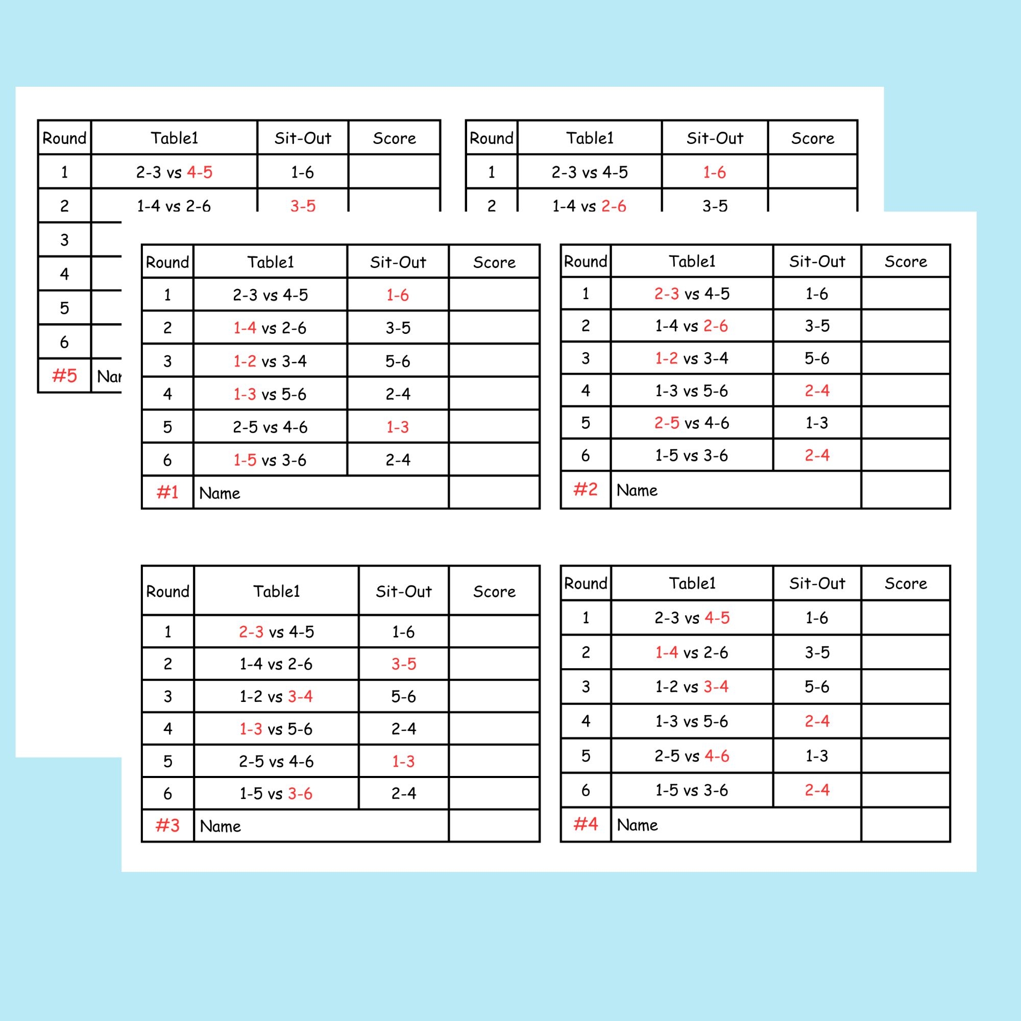 6 Person Euchre Tournament Rotation Score Sheet