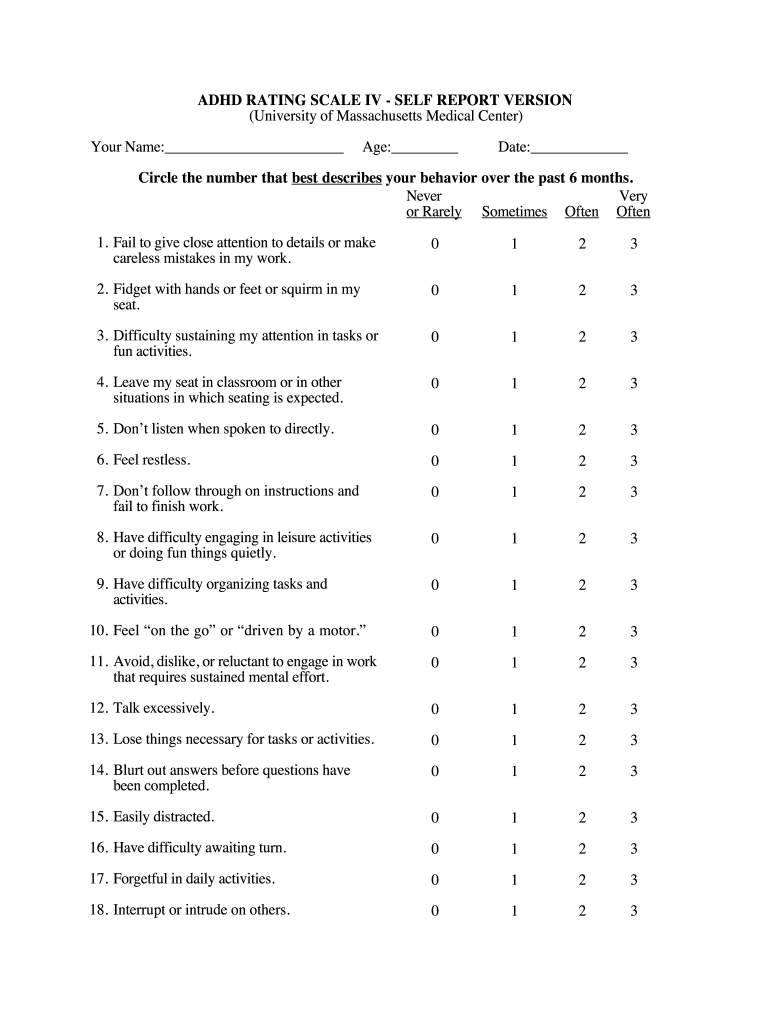 ADHD Rating Scale IV Self Form Fill Online Printable Fillable Blank PdfFiller