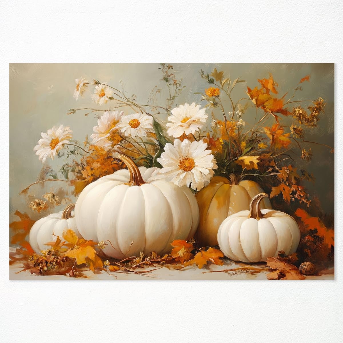 Amazon Farmhouse Autumn Pumpkin Canvas Wall Art White Orange Pumpkins Still Life Painting Pictures Rustic Farm Fall Daisy Flower Posters Halloween Thanksgiving Autumn Wall Print Decor 12x16in Unframed Posters Prints
