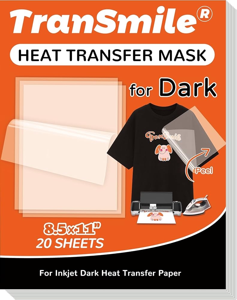 Amazon TranSmile Heat Transfer Mask For Inkjet Dark Heat Transfer Paper 20 Sheets 8 5 x11 Clear Iron On Transfer Tape For Dark Printable HTV Arts Crafts Sewing