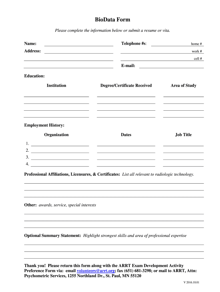 ARRT BioData Form Fill Online Printable Fillable Blank PdfFiller
