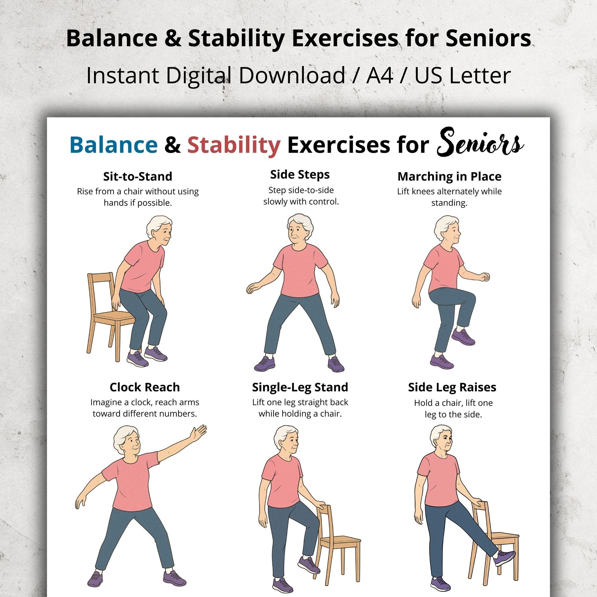 Balance Stability Exercises For Seniors Gentle Low Impact Workout Printable Chart Senior Exercise PDF Download Elderly Exercises Etsy