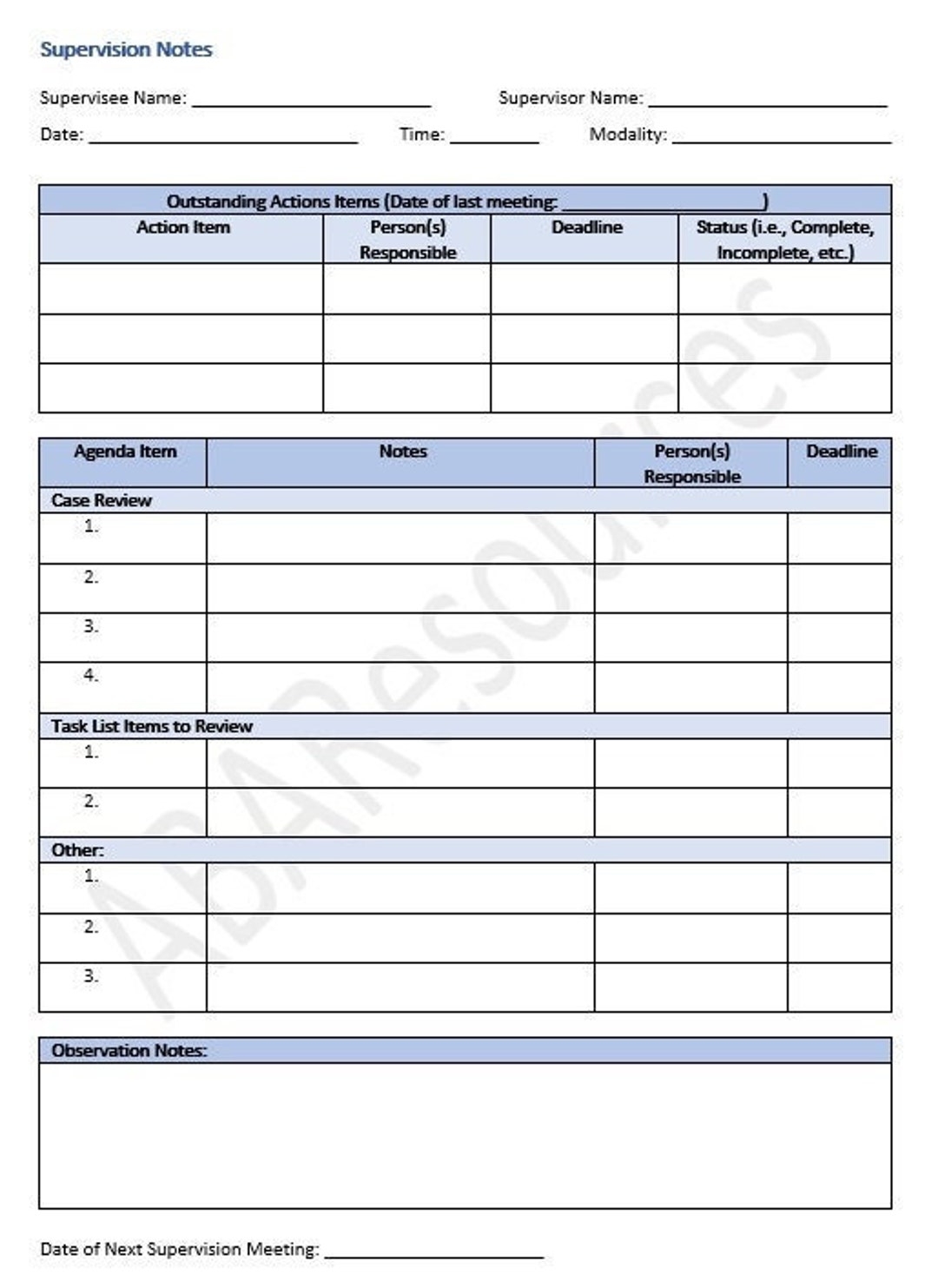 printable supervision template