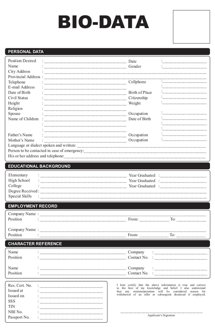 Bio Data Form Philippines copyrighted 