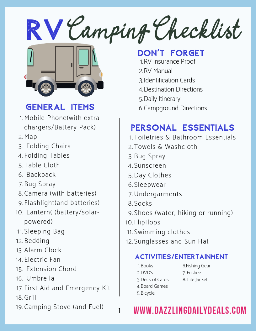Camper Checklist For Your RV FREE Camper Packing List Printable Dazzling Daily Deals