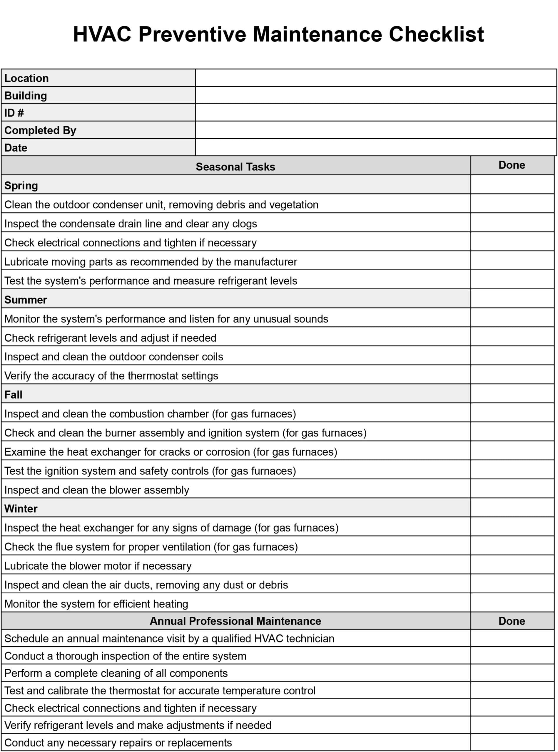 printable hvac inspection checklist template