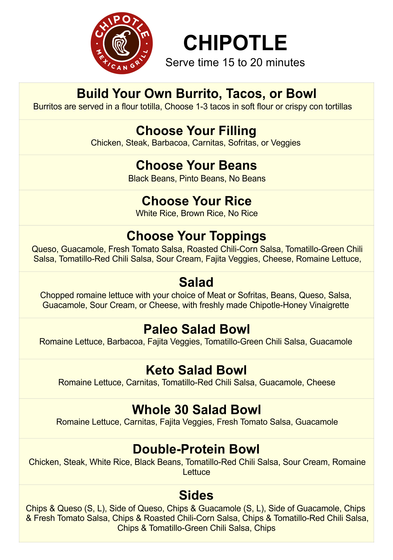Chipotle Menu 10 Free PDF Printables Printablee
