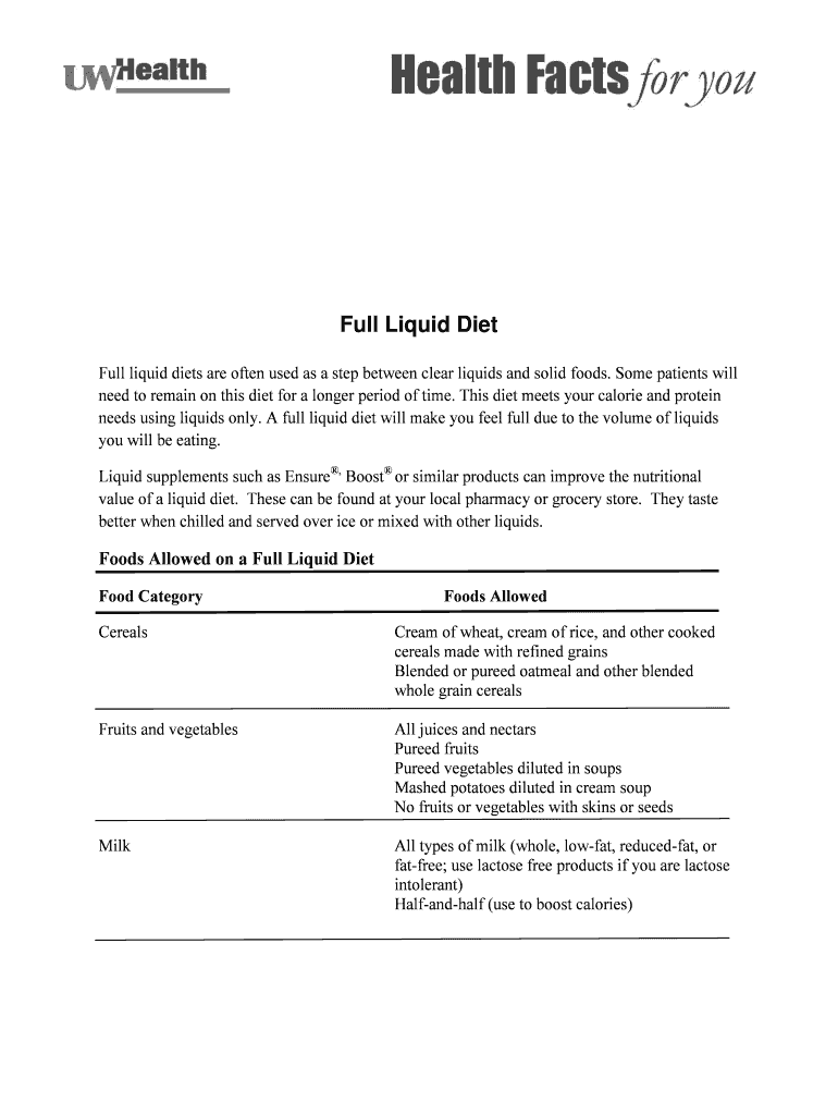 Clear Liquid Diet Menu Fill Online Printable Fillable Blank PdfFiller