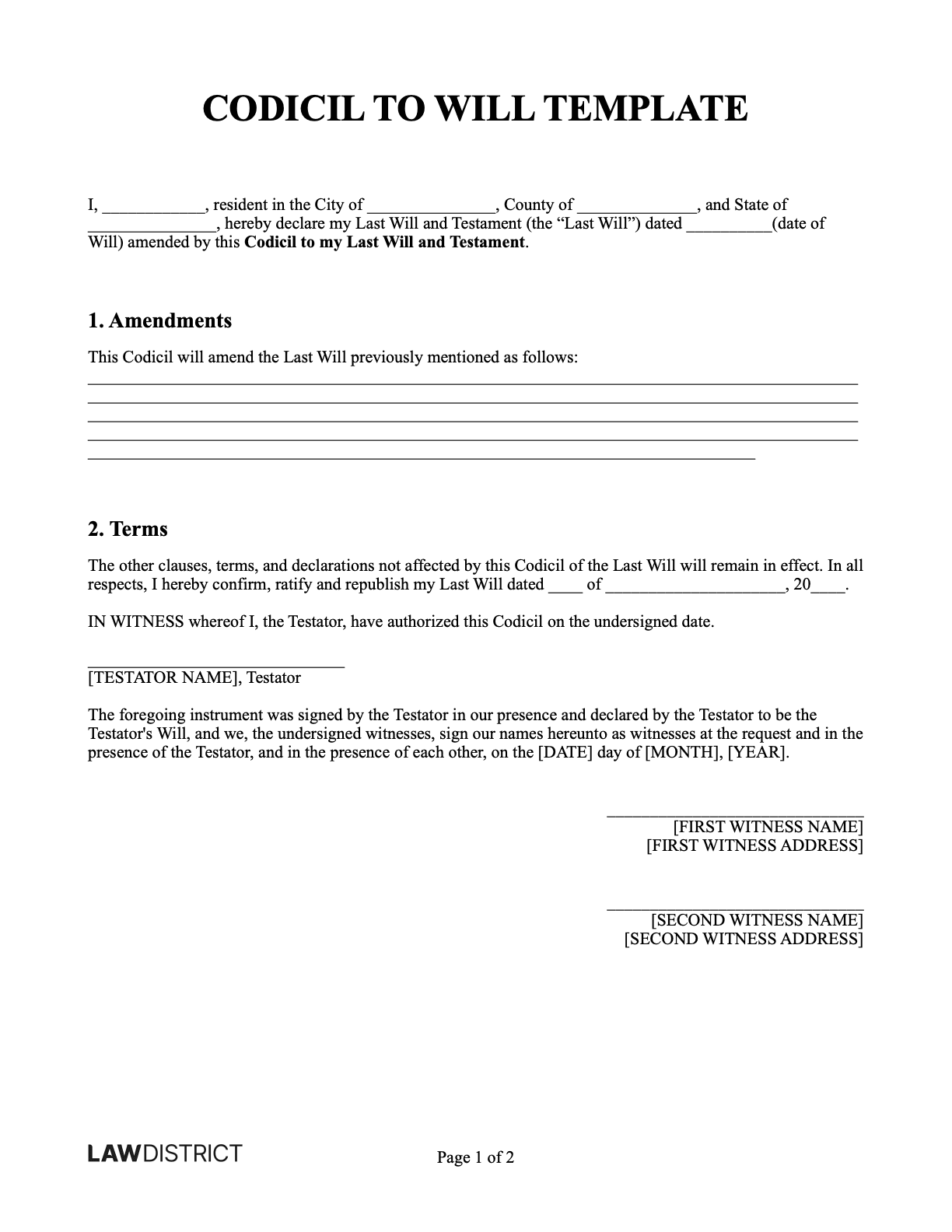 Codicil To Will Form Free Printble PDF Word Lawdistrict