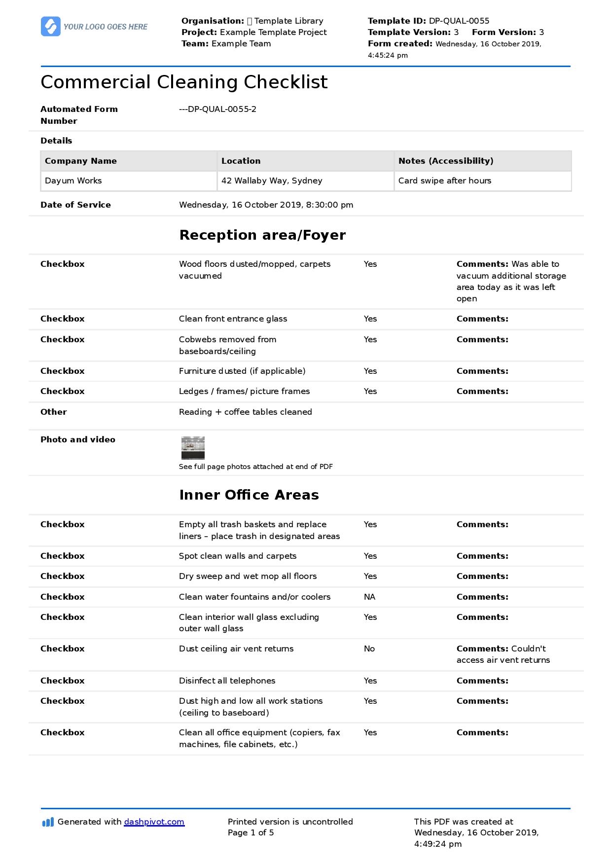 Commercial Cleaning Checklist Template Free Printable