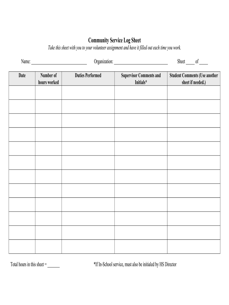 Community Service Log Sheet Form Fill Online Printable Fillable Blank PdfFiller