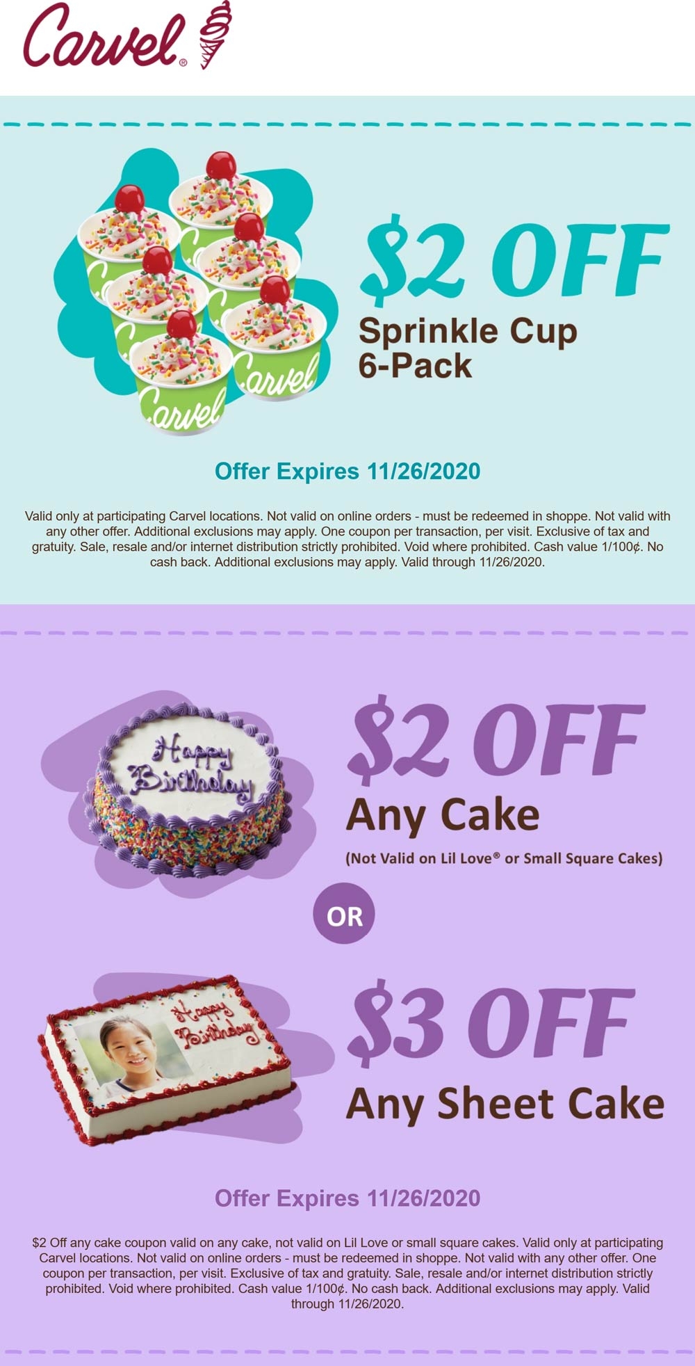 Couple Bucks Off Cakes And Sprinkle Cups At Carvel Ice Cream Carvel January 2026 Coupons Promo Codes Deals 