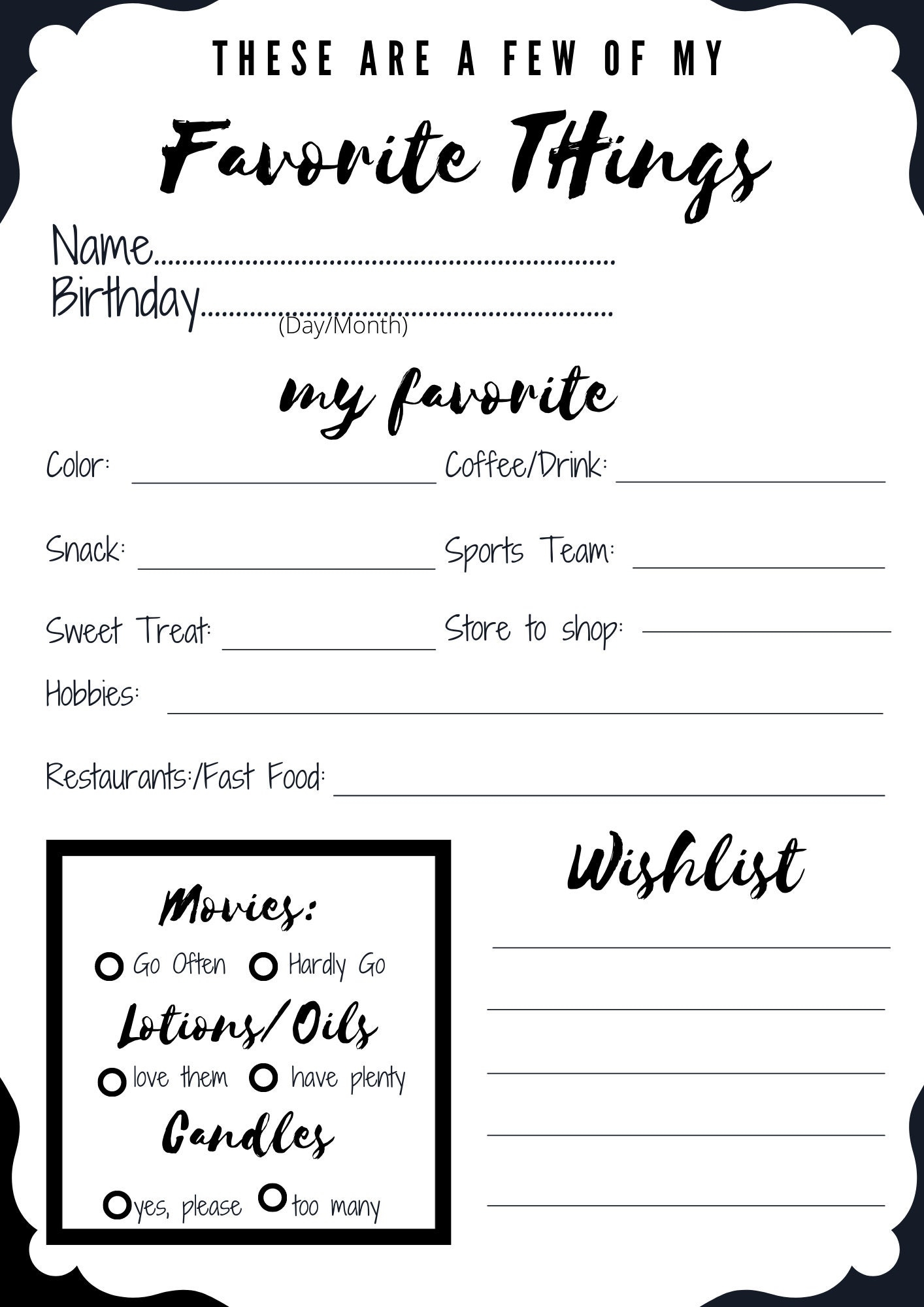 Customizable My Favorite Things Questionnaire 8 x10 Senior Class Ideas Printable PDF Jpeg Png INSTANT DOWNLOAD Etsy
