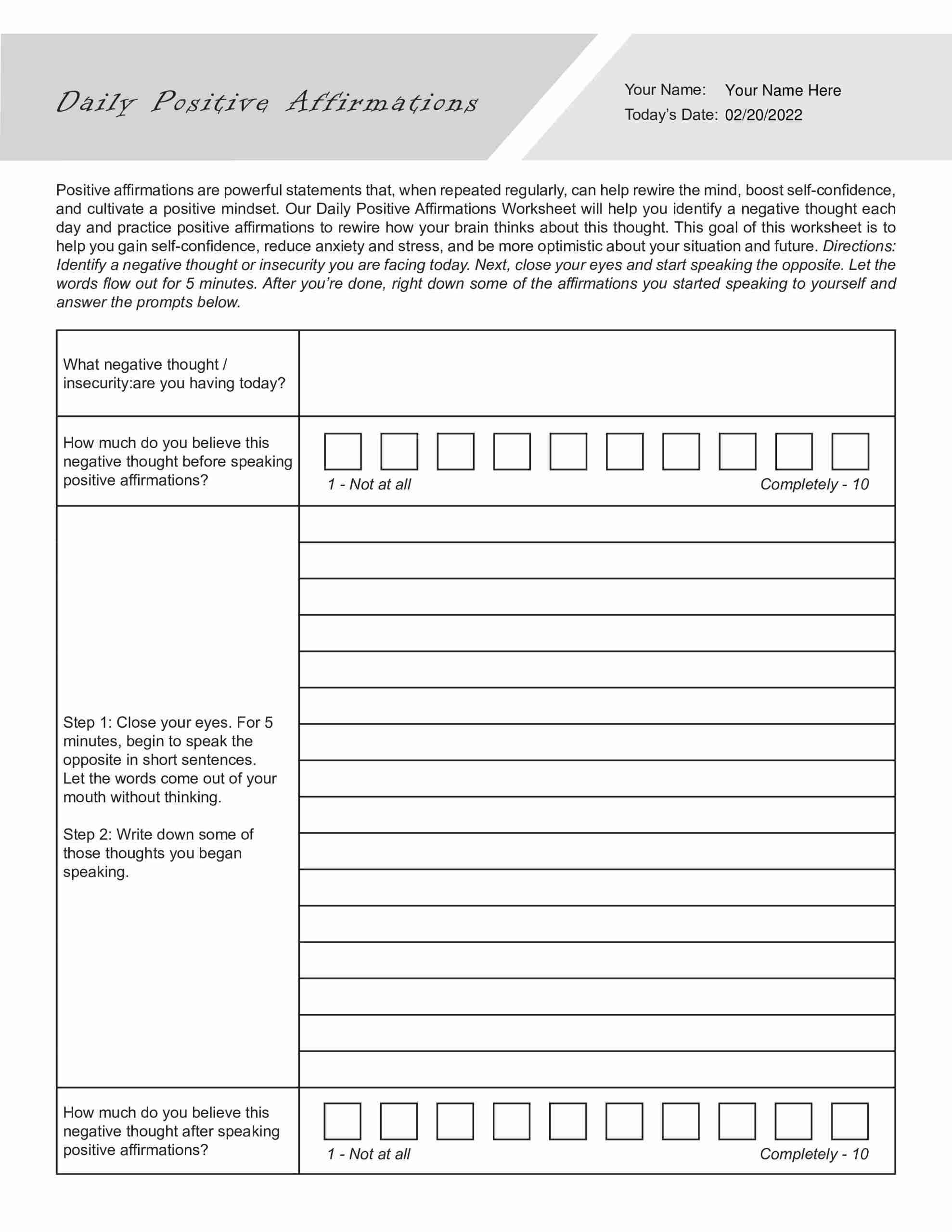 printable positive affirmations worksheet pdf