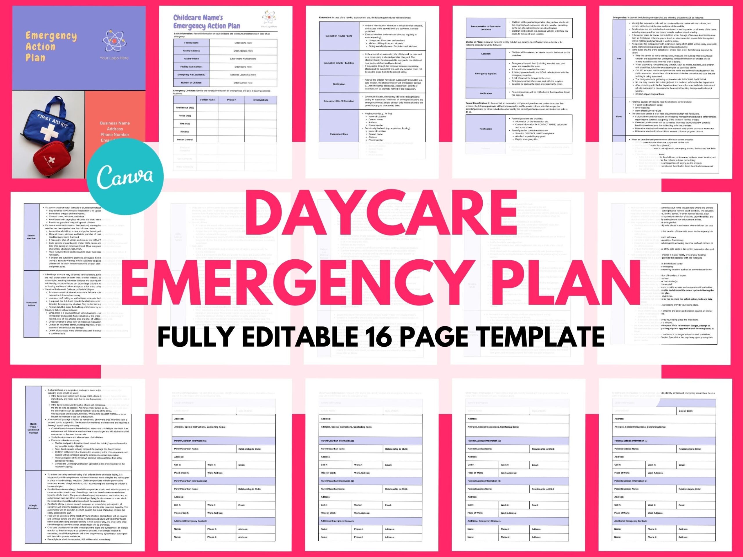 Daycare Emergency Plan Template Editable Childcare Action Plan canva 16 Pages Etsy