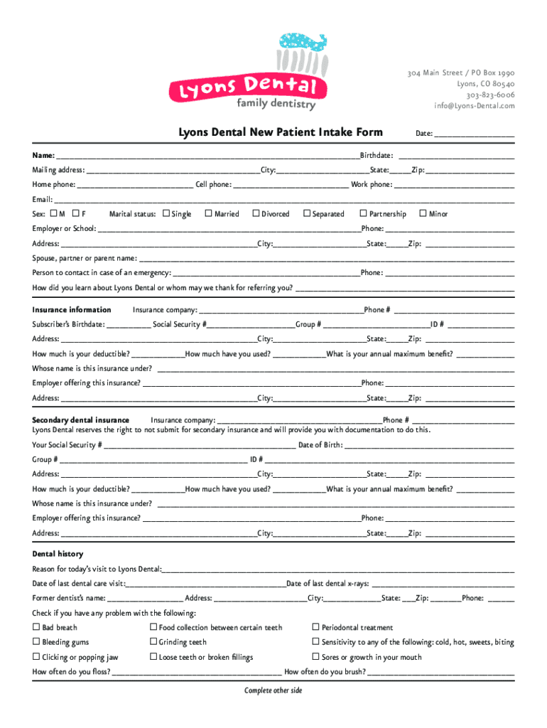 Dental Patient Intake Form Fill Out Sign Online DocHub