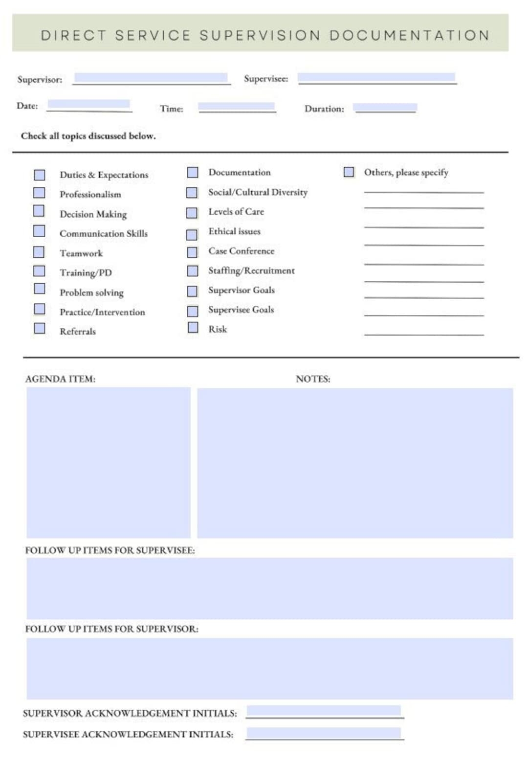 Direct Service clinical Supervision Note Template Etsy