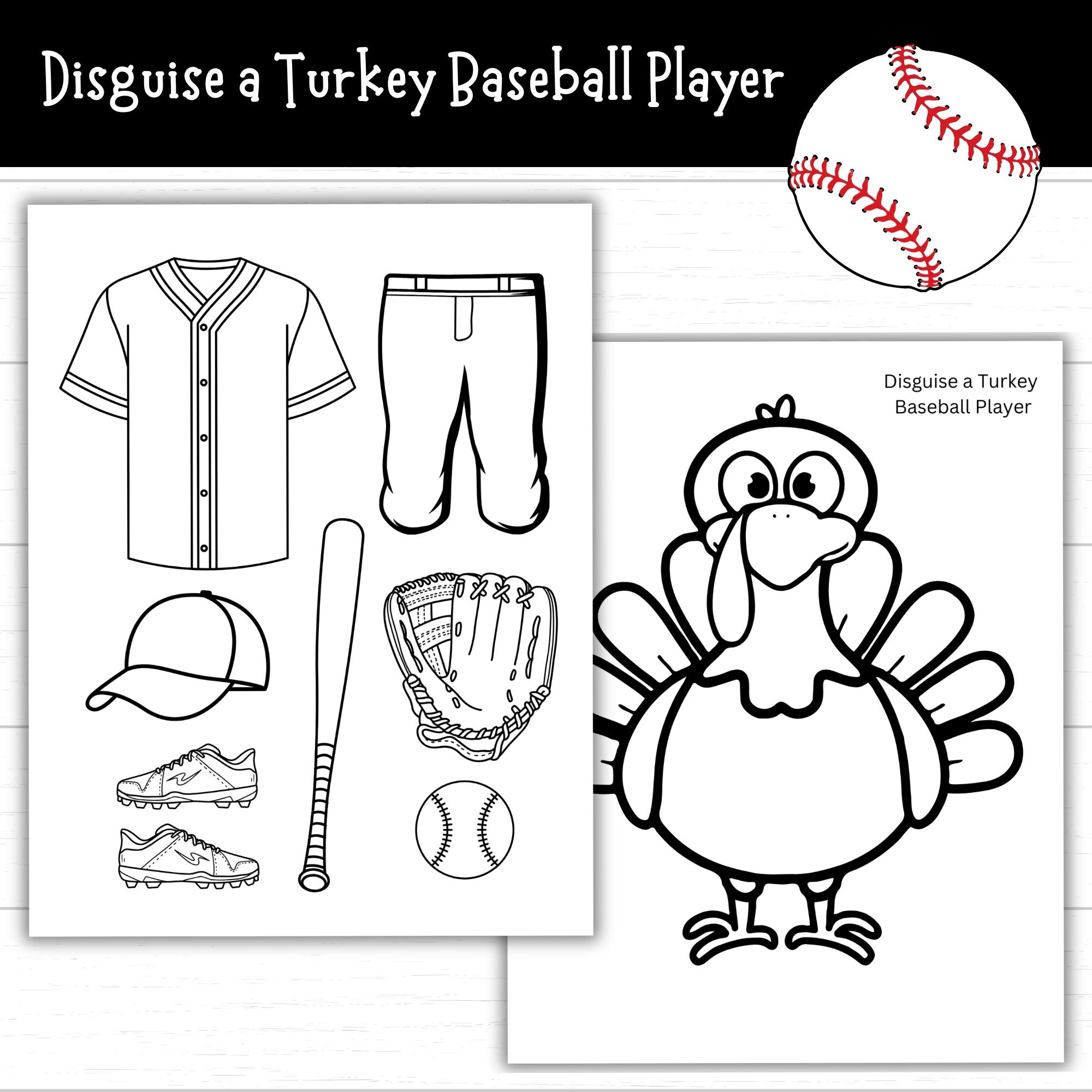Disguise A Turkey Baseball Player Black And White Printable Turkey Disguise Project Classroom Activity Turkey Template Outfit Uniform Etsy