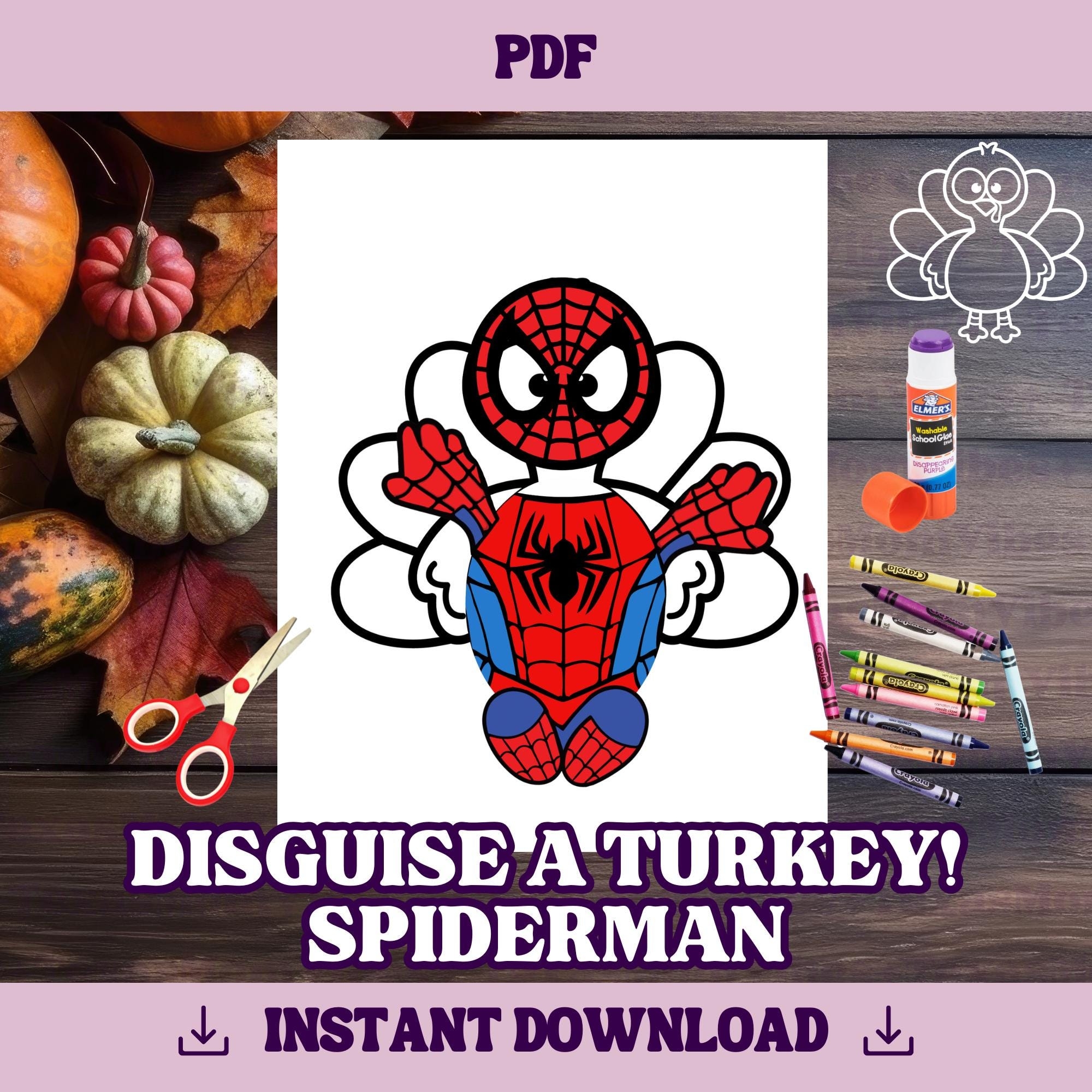 Disguise A Turkey spiderman Template Thanksgiving Craft Printable PDF Cut Out Turkey Project Turkey Decor Spidey Turkey Etsy