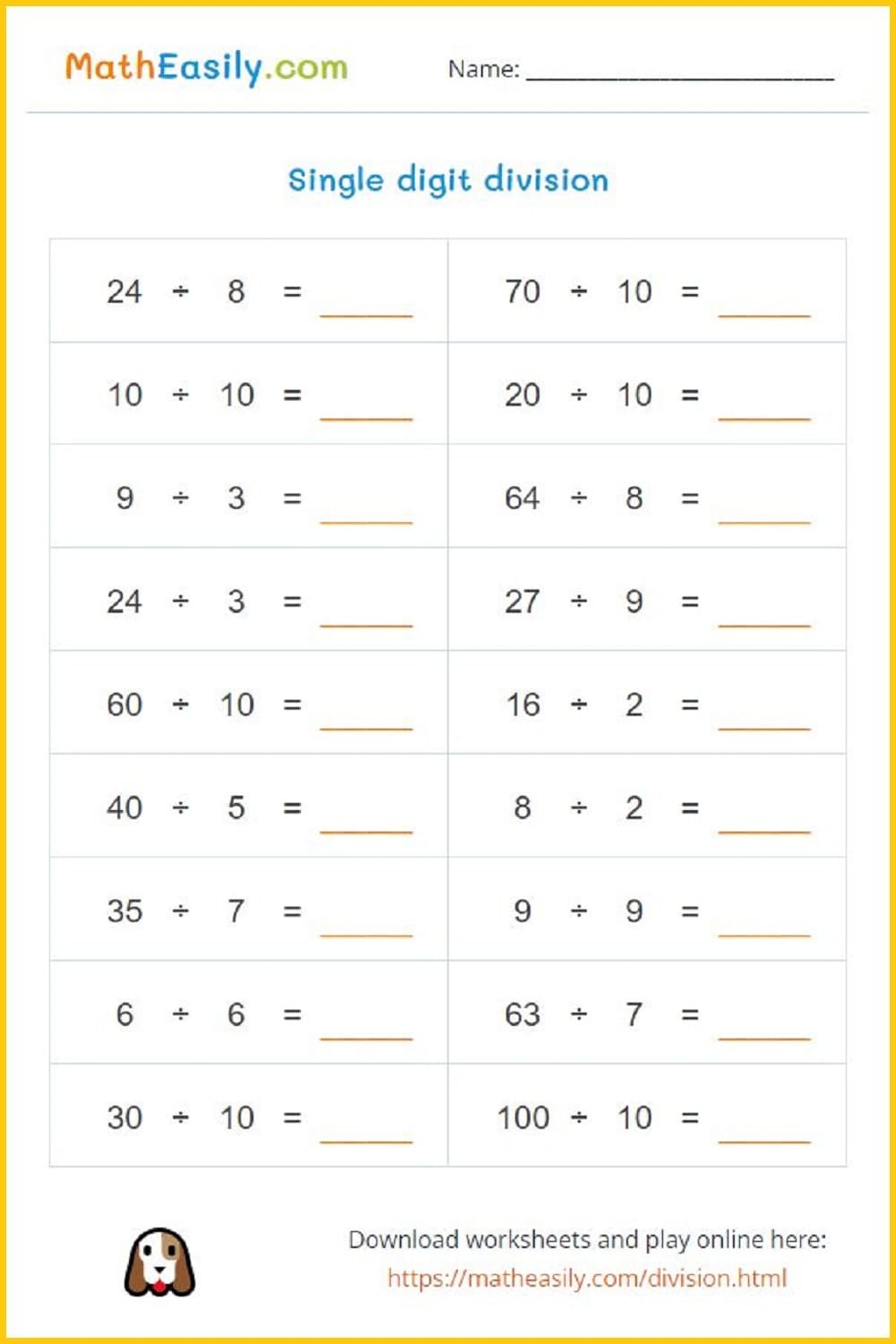 Division Flash Cards ONLINE Printable