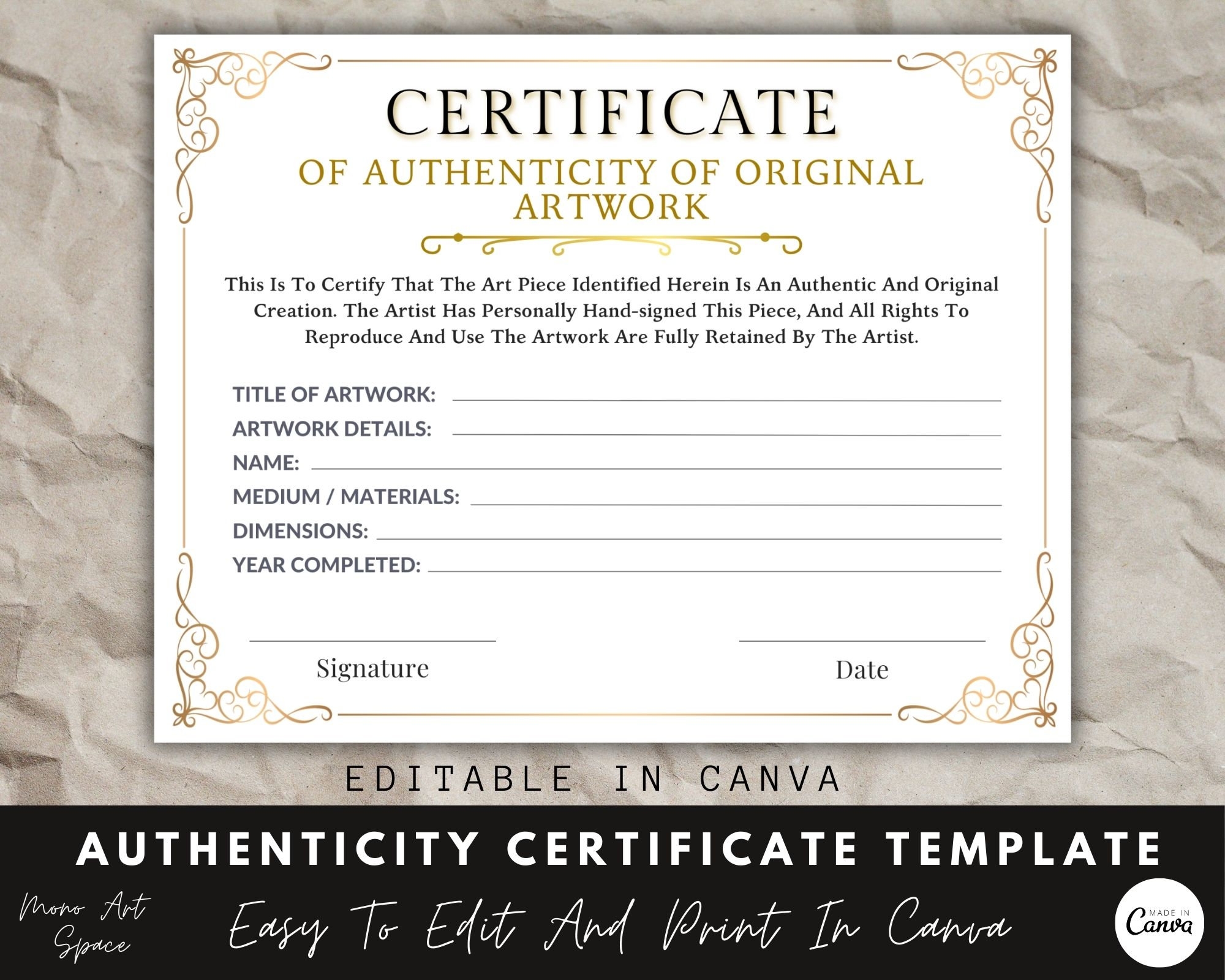 Editable Art Certificate Of Authenticity Template canva Etsy