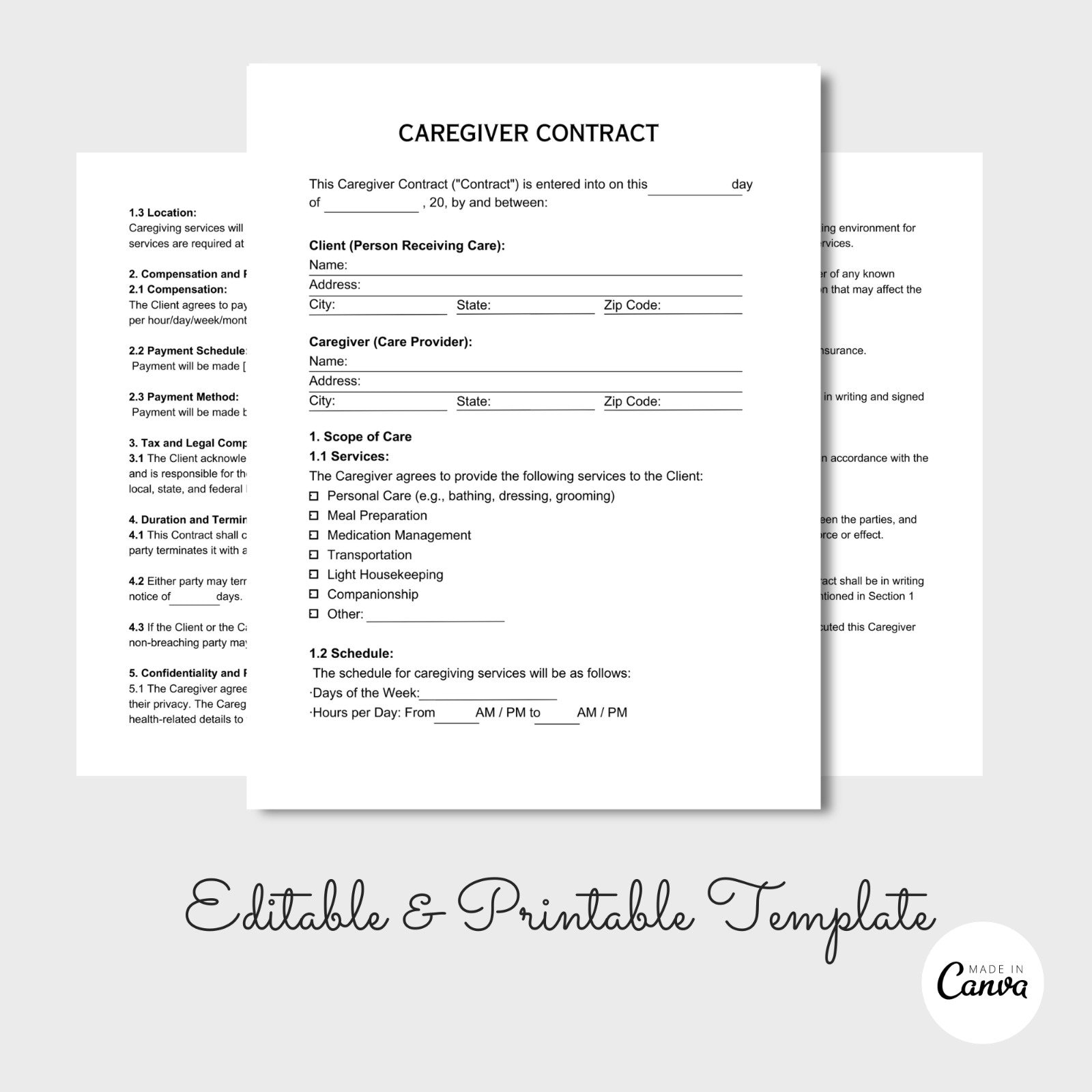 Editable Caregiver Contract Caregiver Invoice Template Nanny Contract Template Nanny Form PDF Etsy