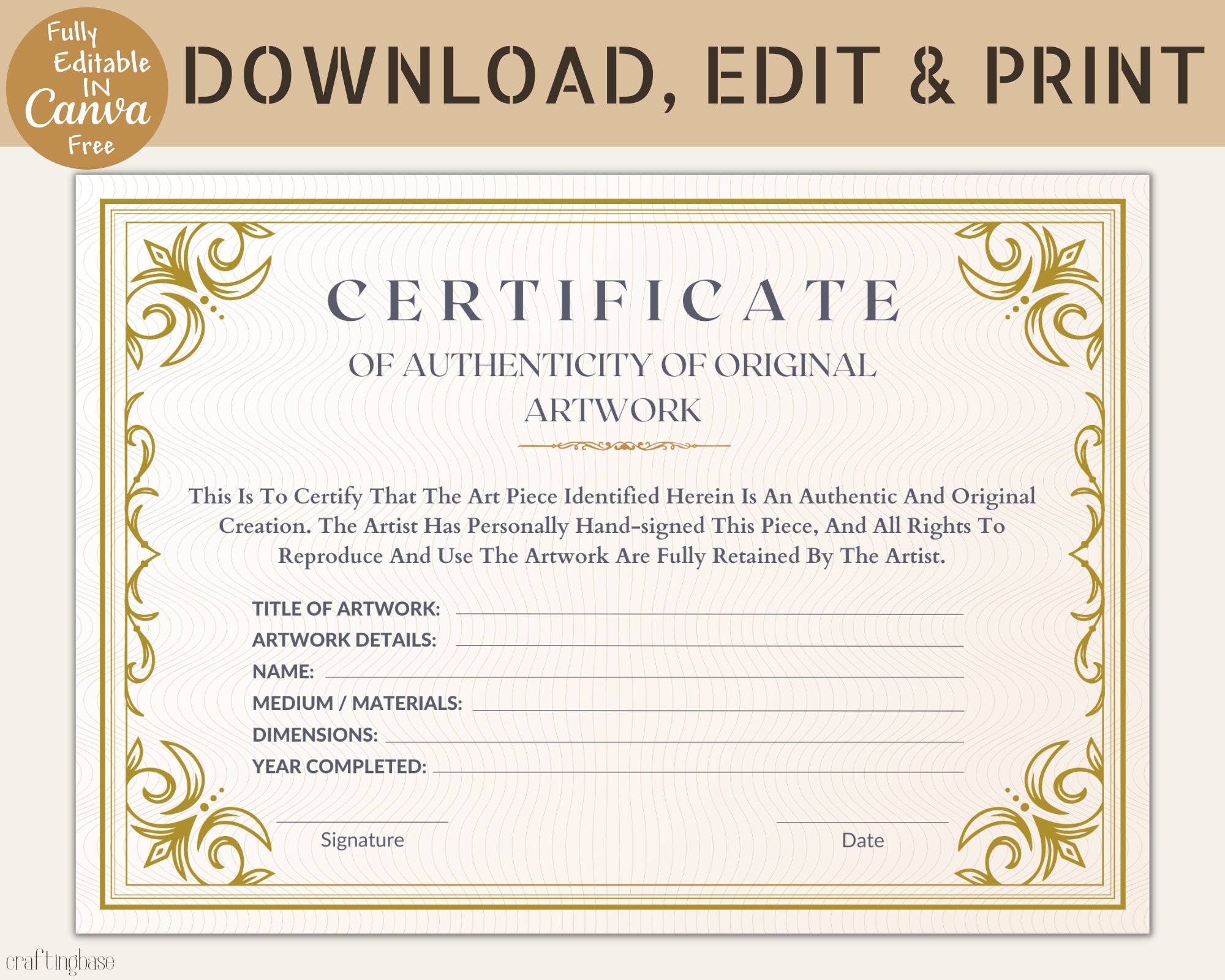 Editable Certificate Of Authenticity For Artwork Artwork Certificate Canva Template Instant Digital Download Etsy