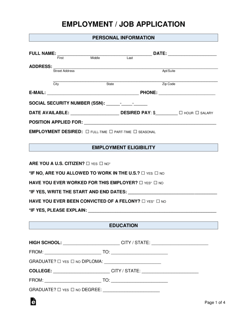 free printable job application pdf