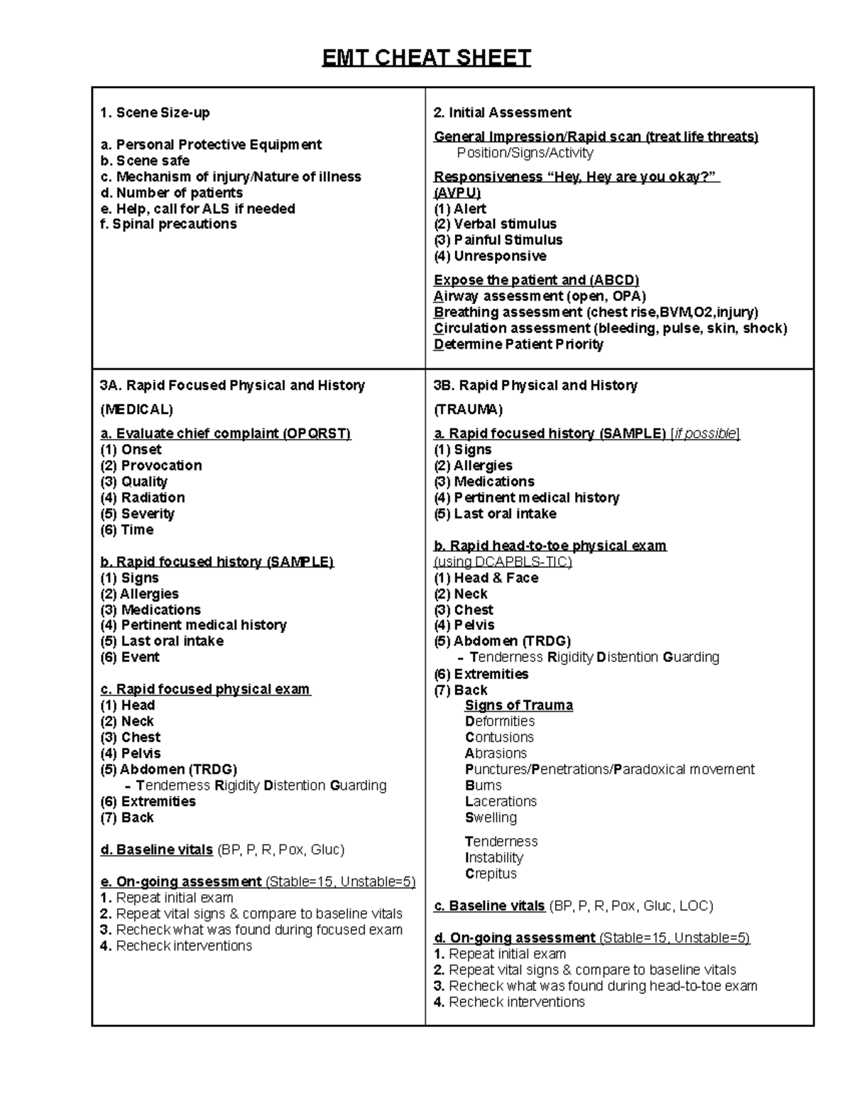 EMT Study Sheet Essential Skills And Assessments Guide Studocu