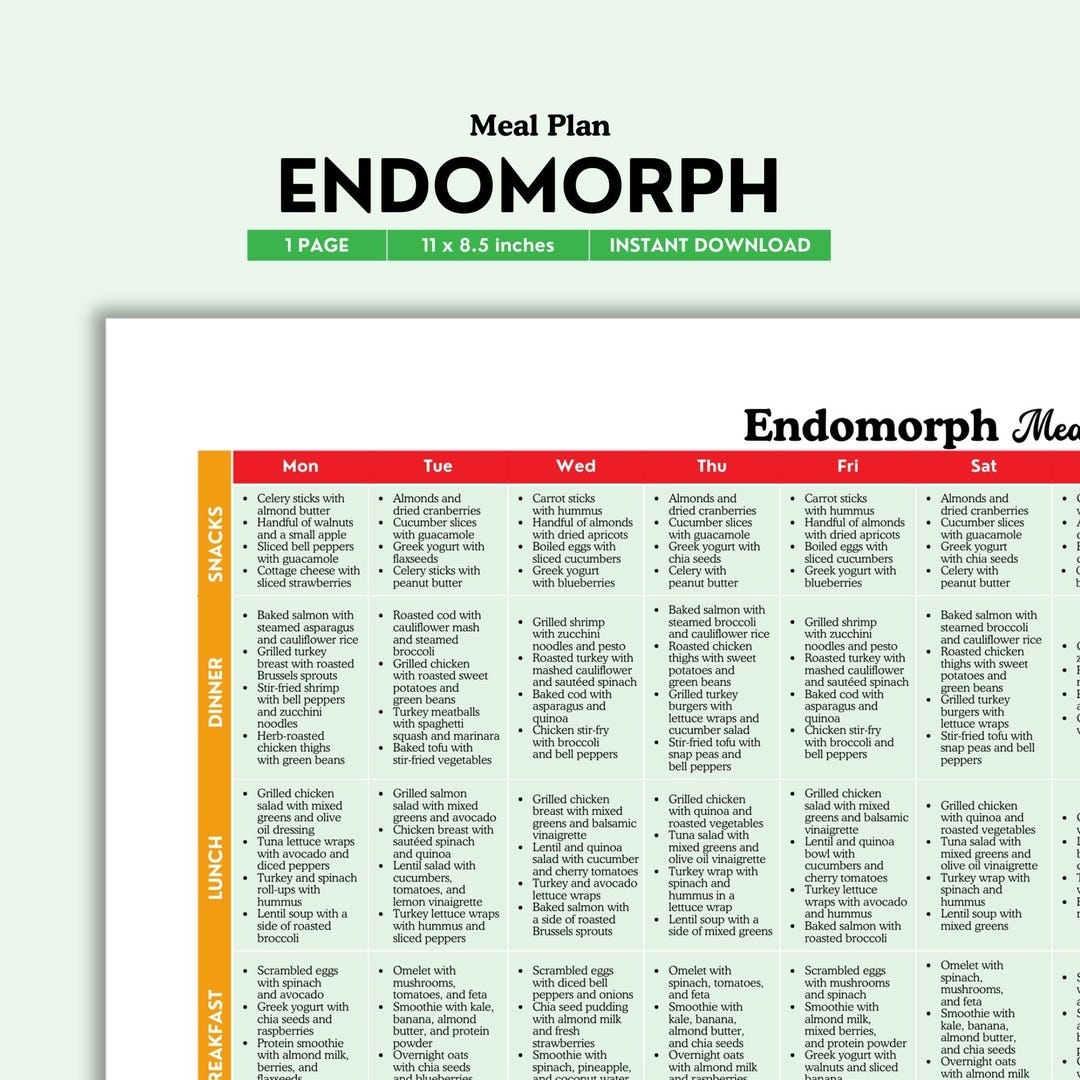 Endomorph Meal Plan Printable Color PDF Easy Fat loss Meal Ideas For Endomorph Body Type Low Carb High Protein Weekly Plan Etsy