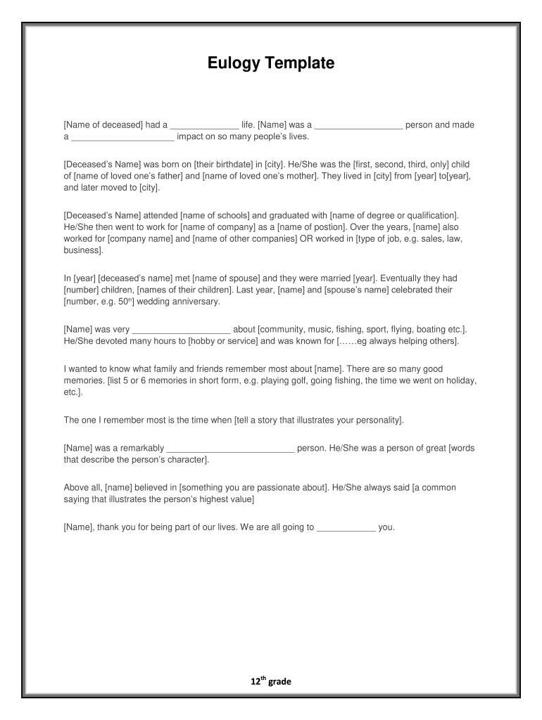 Eulogy Template Form Fill Online Printable Fillable Blank PdfFiller