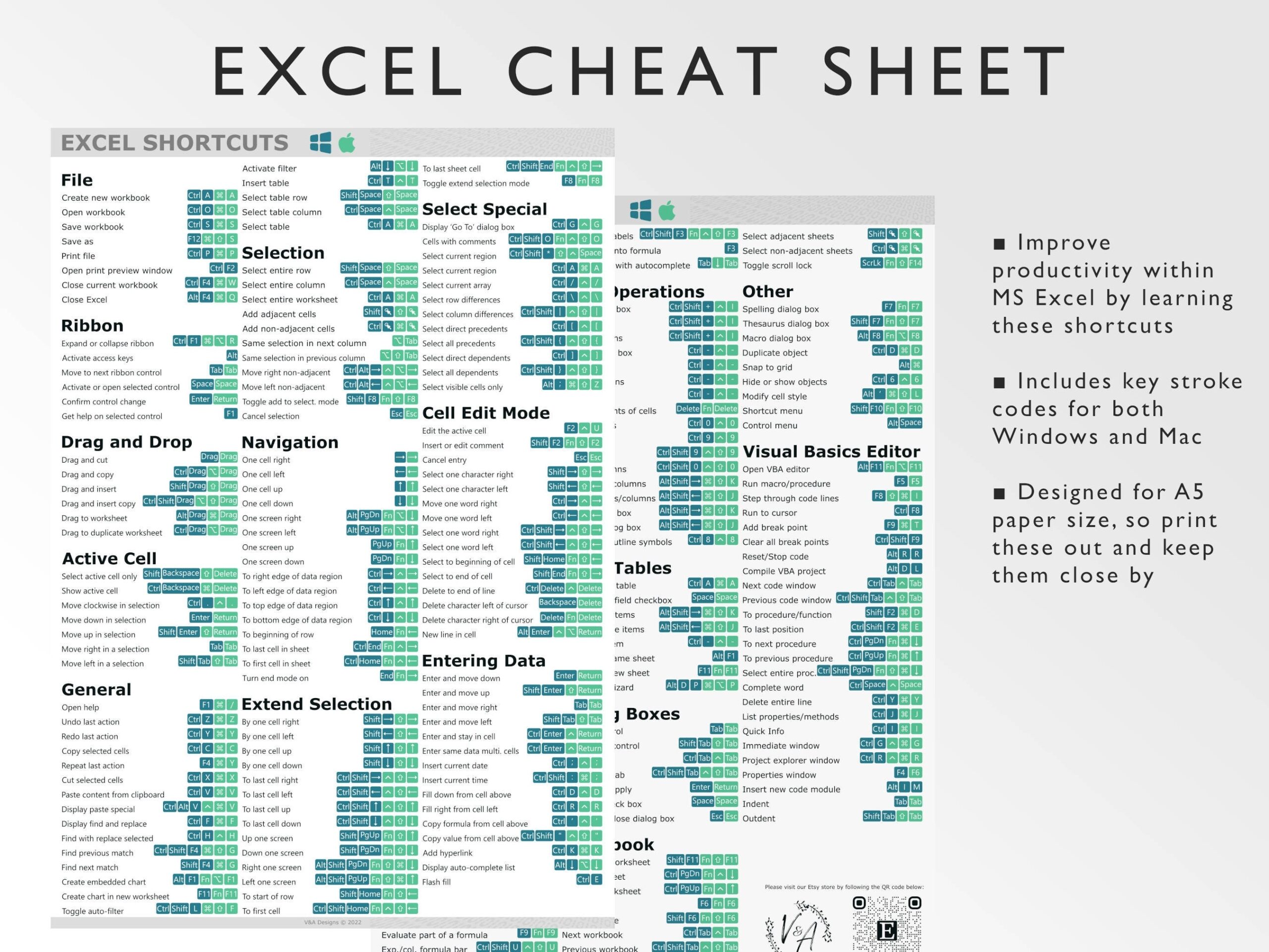 Excel Shortcuts Cheat Sheet Windows Mac Productivity PDF Etsy