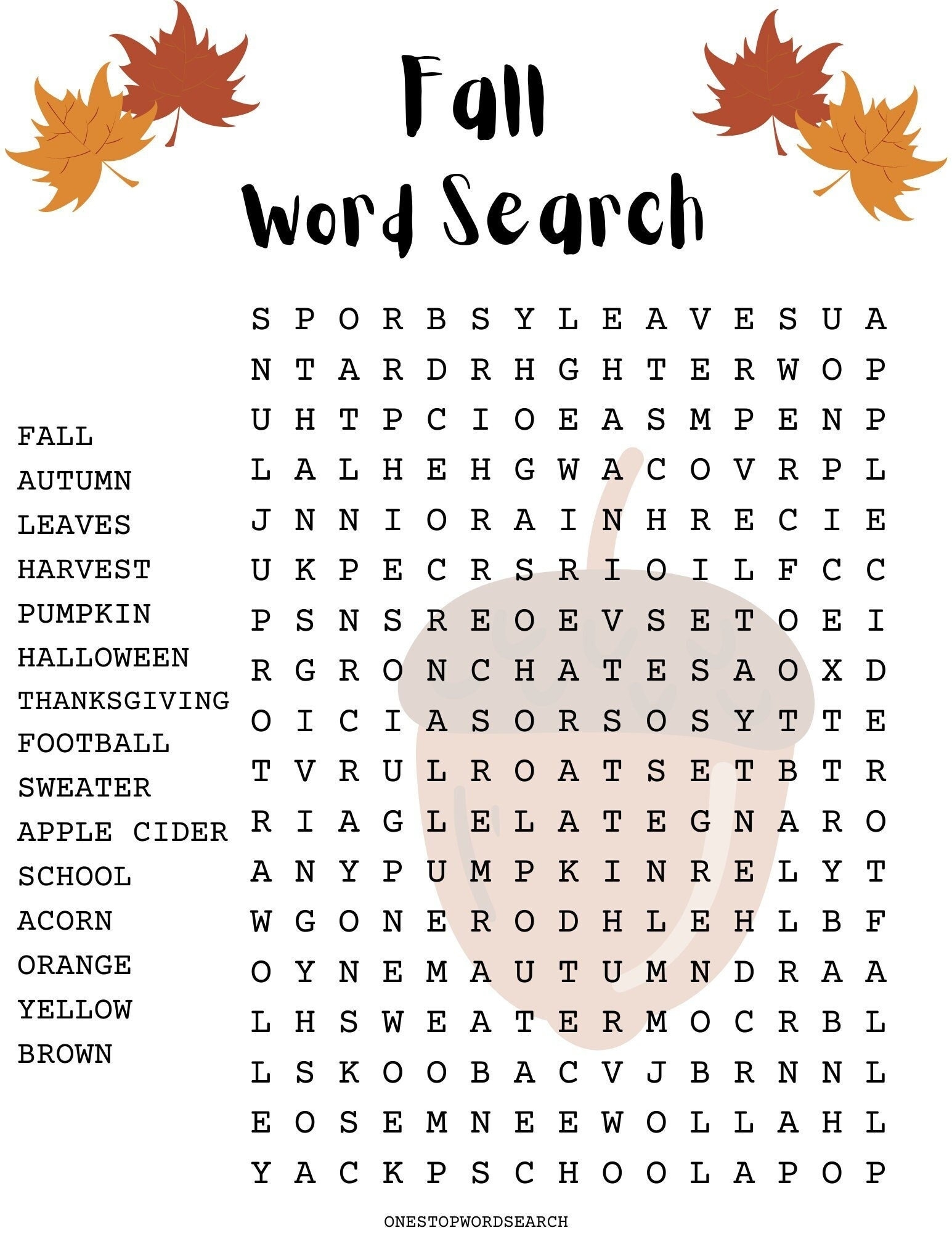 autumn word search printable