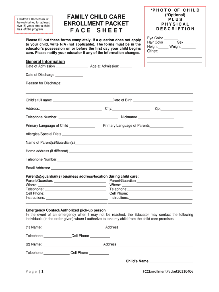 free printable child care forms pdf