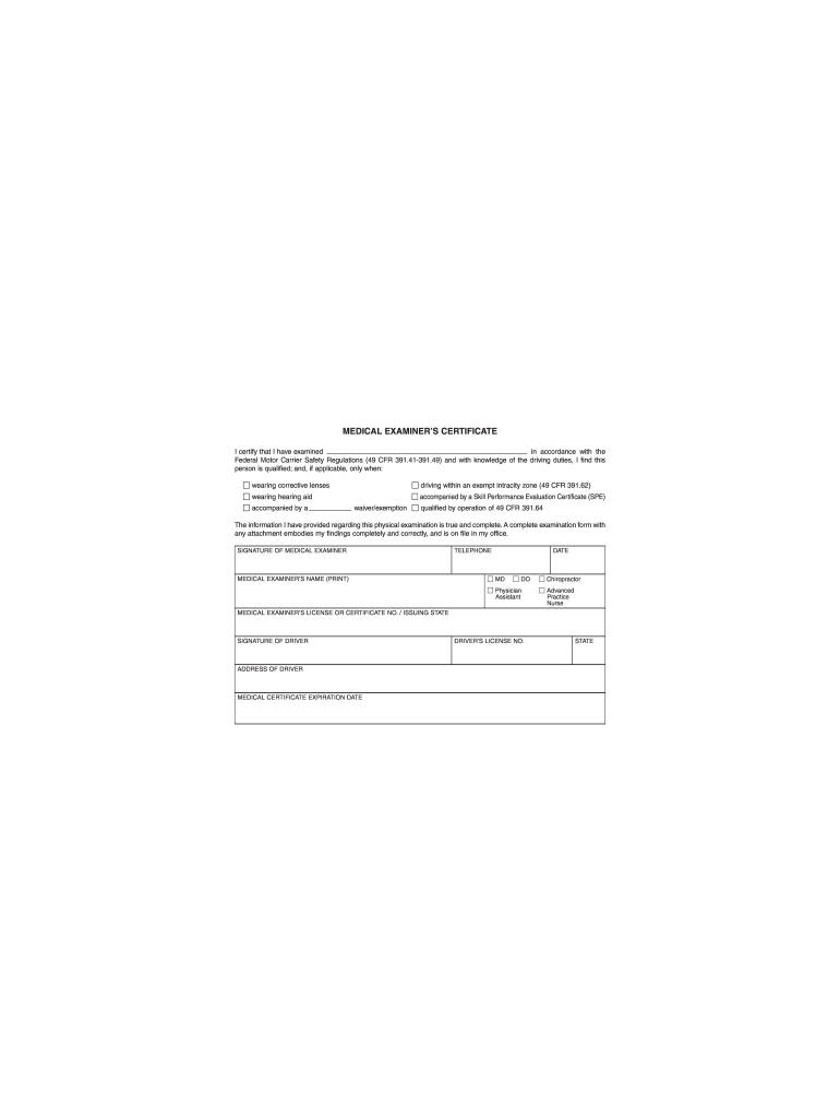 Fillable Online Fmcsa Dot Medical Examiner Certificate Fax Email Print PdfFiller