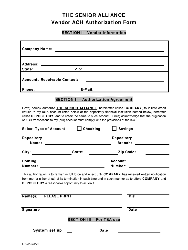 Form Senior Alliance Vendor ACH Payment Fill Online Printable Fillable Blank PdfFiller