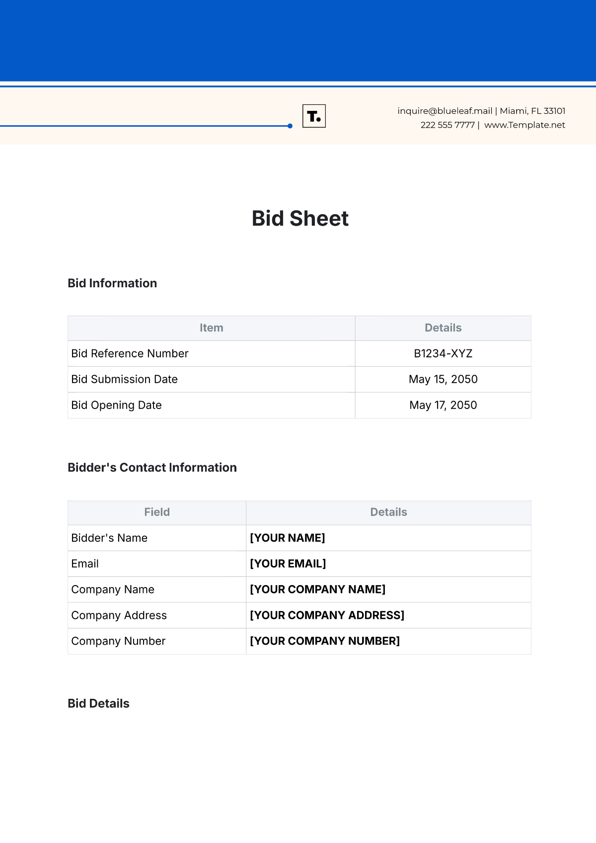 Free Bid Sheet Templates Editable And Printable