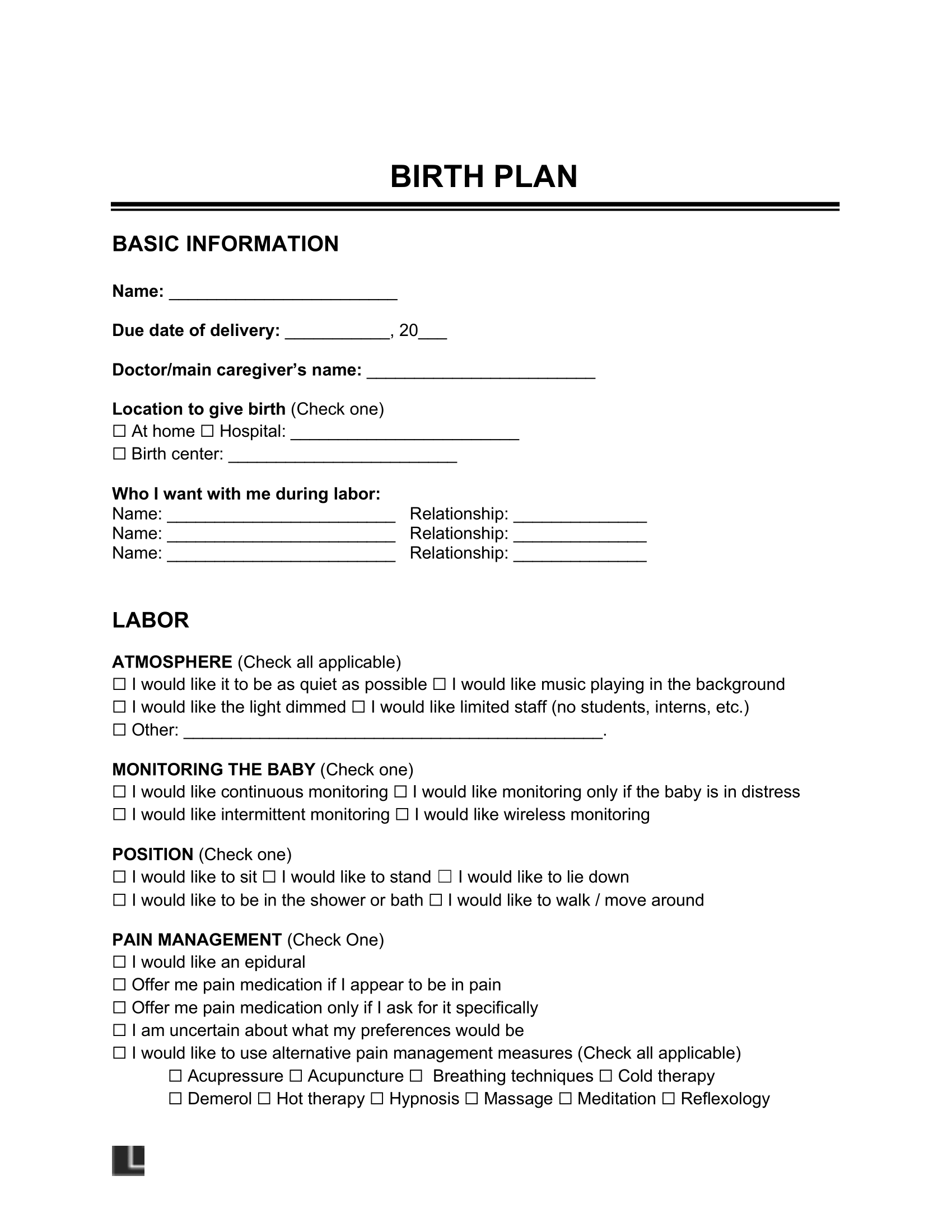 pdf printable birth plan template