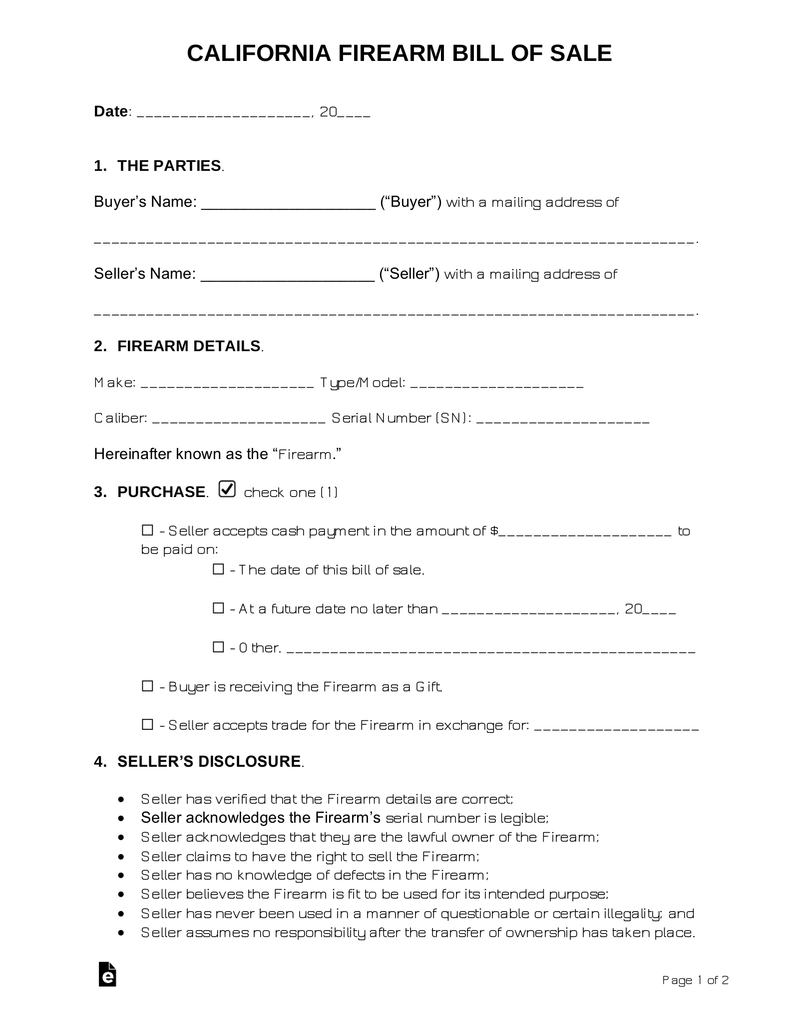 Free California Firearm Bill Of Sale Template PDF Word EForms