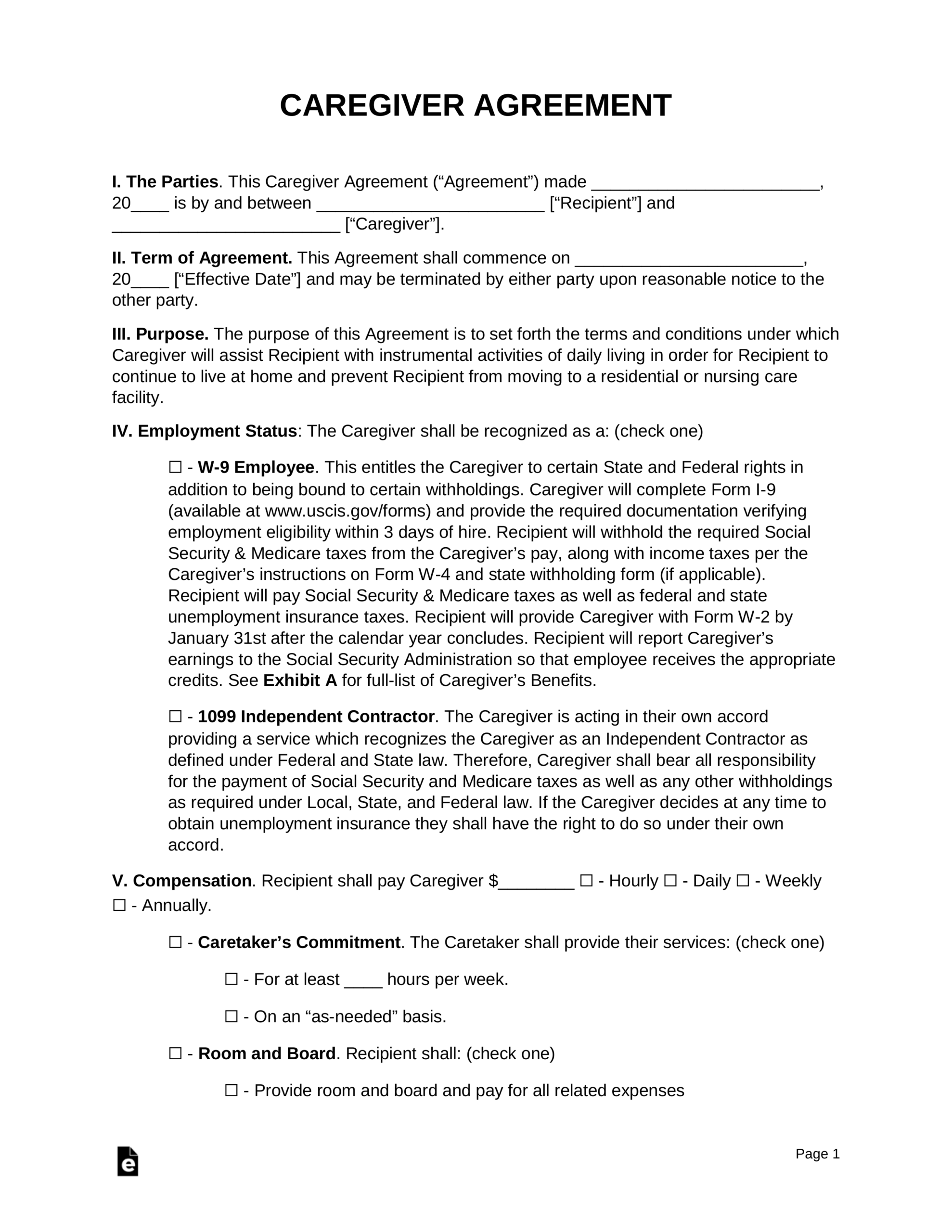 Free Caregiver Agreement Template PDF Word EForms
