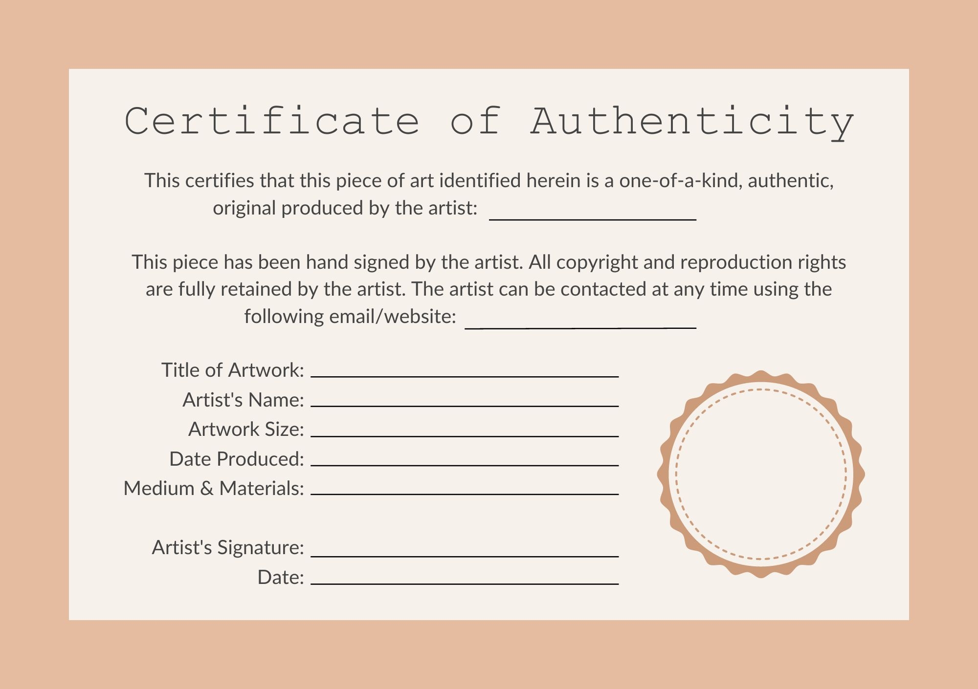 printable certificate of authenticity art template